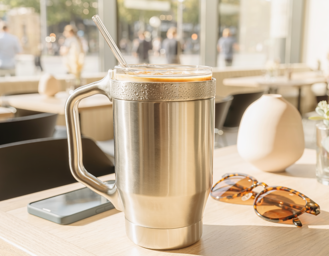 Stainless steel travel mug with iced coffee and a clear reusable straw on a wooden table in a sunny café.