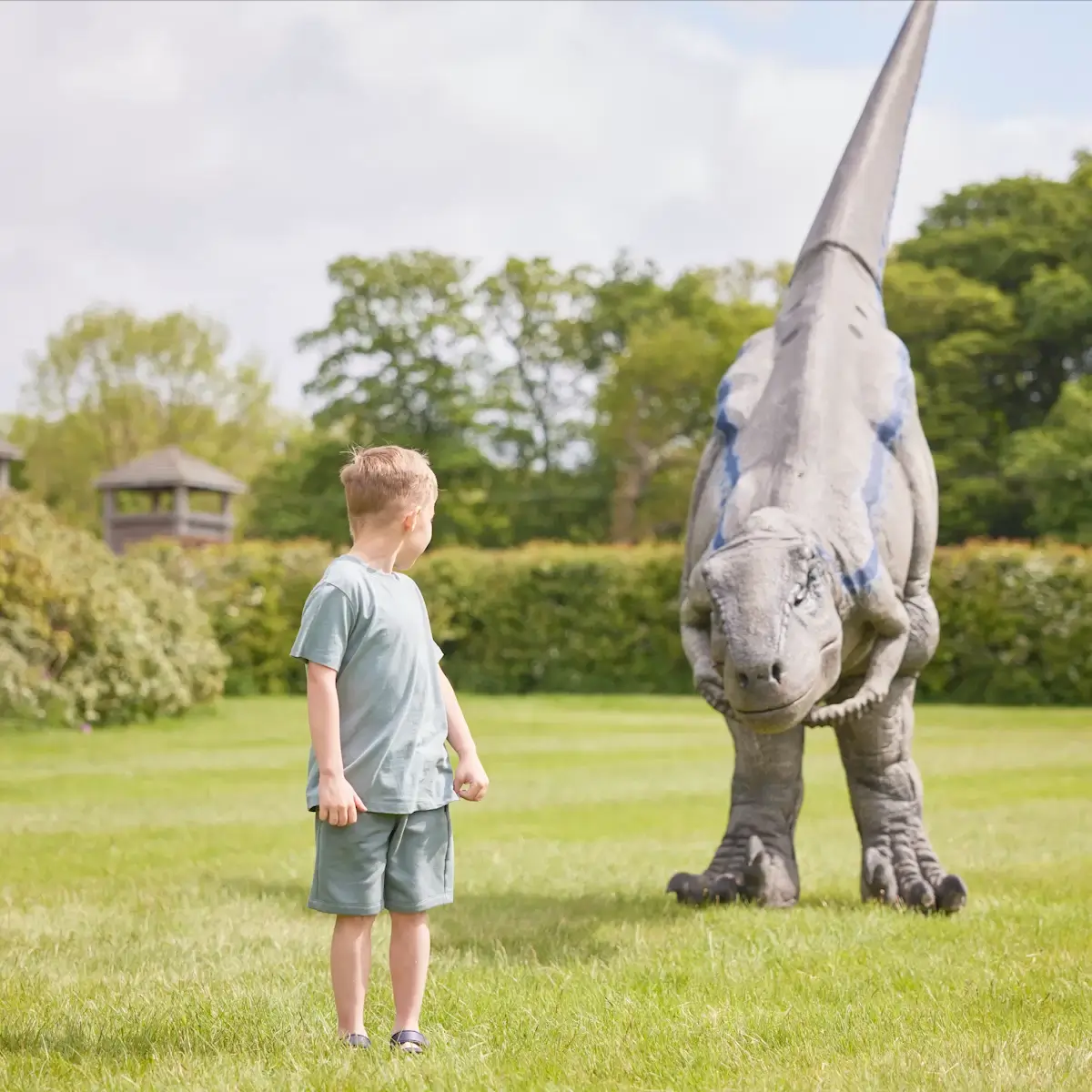 Young boy in green outfit standing on grass, looking at a large realistic dinosaur model in a park.