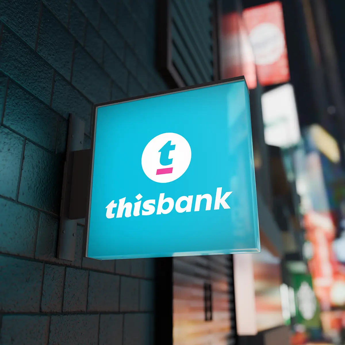 Illuminated blue sign displaying the Thisbank logo mounted on a textured wall.