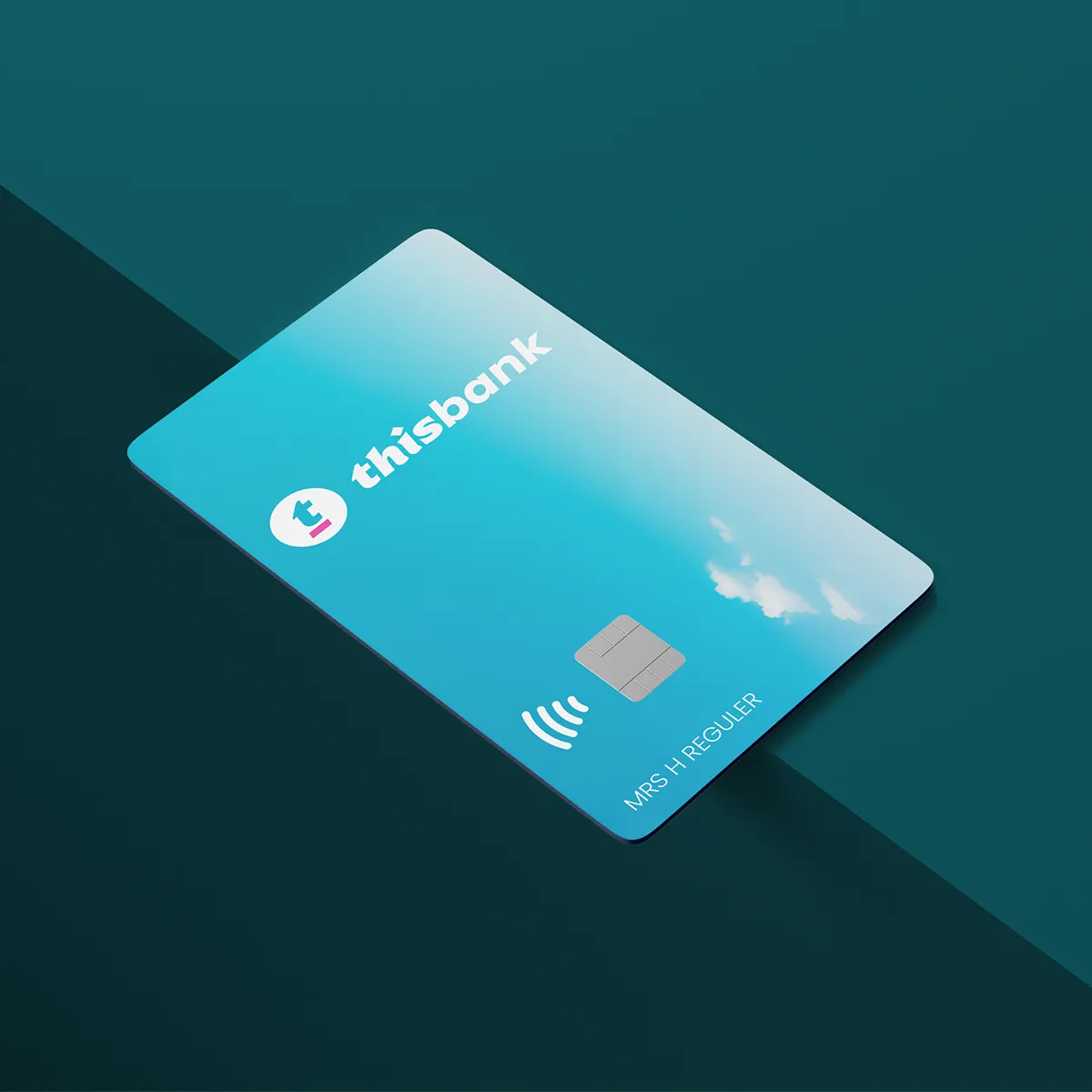 Blue thisbank contactless payment card with a chip and name Mrs H Reguler on a teal background.