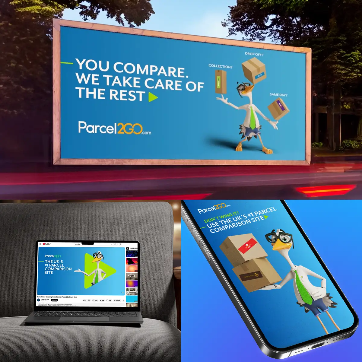 Parcel2Go advertising showing a cartoon bird juggling parcels with text about parcel comparison and delivery options.