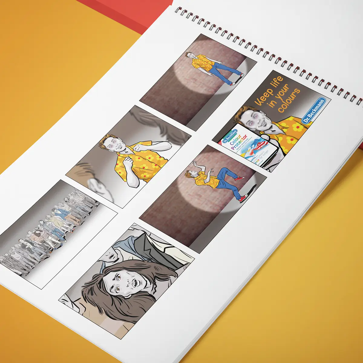 Comic strip showing a man in a yellow floral shirt dancing and a product advert saying 'Keep life in your colours'.