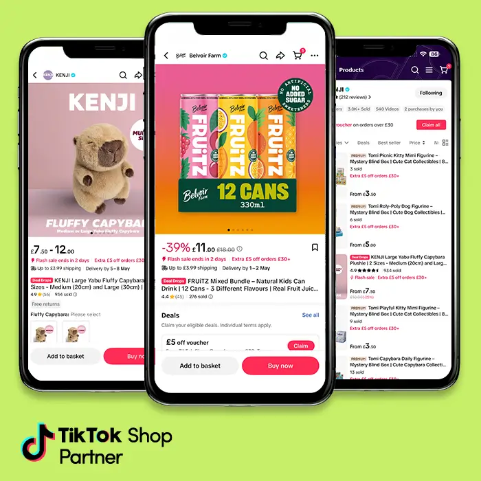 Three smartphones displaying online shopping for products including a plush capybara and fruit juice cans on TikTok Shop.