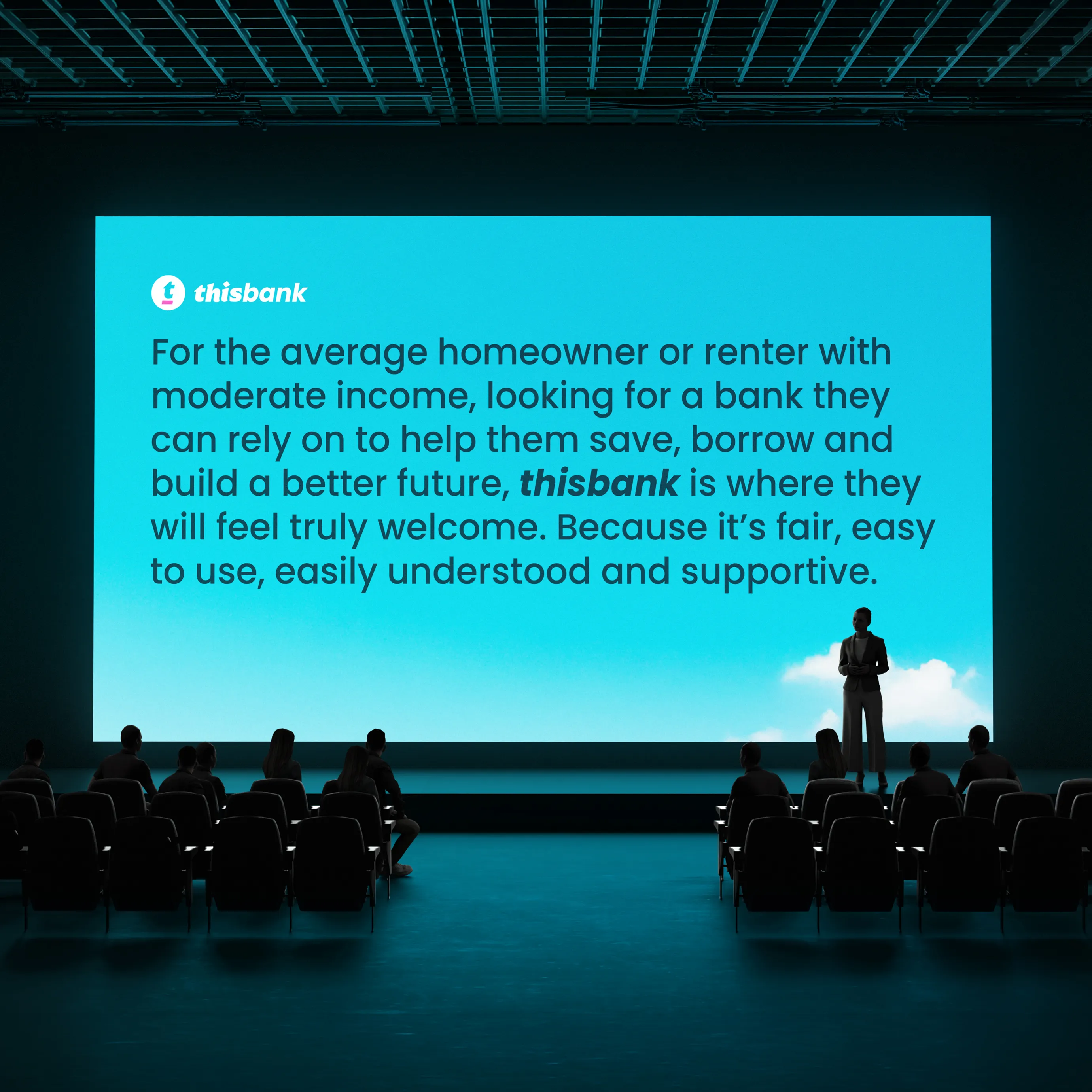 this bank presentation with chairs and people in audience