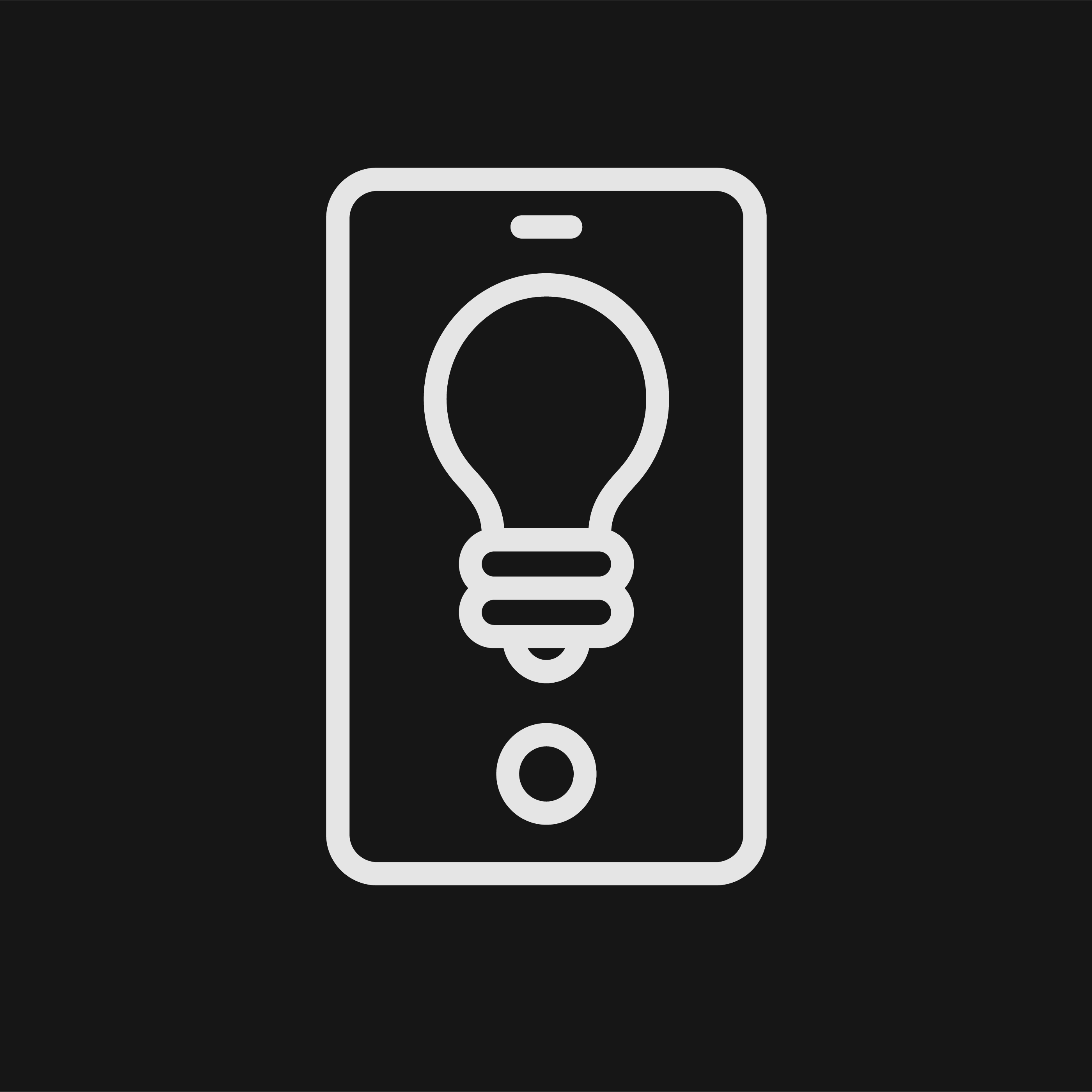 Outline of a smartphone with a light bulb icon in the center on a dark background.