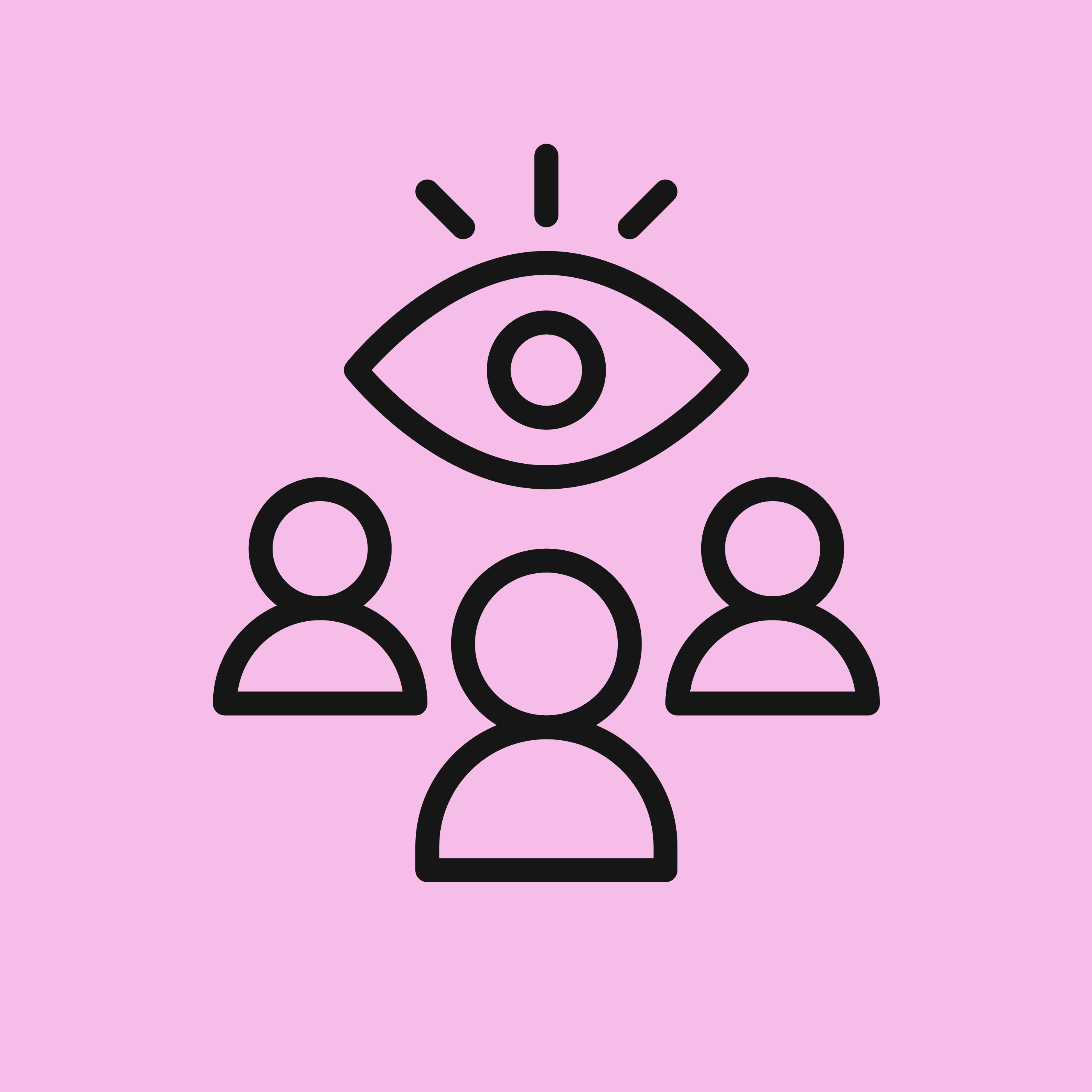 Three user icons with a large eye symbol above them on a pink background.