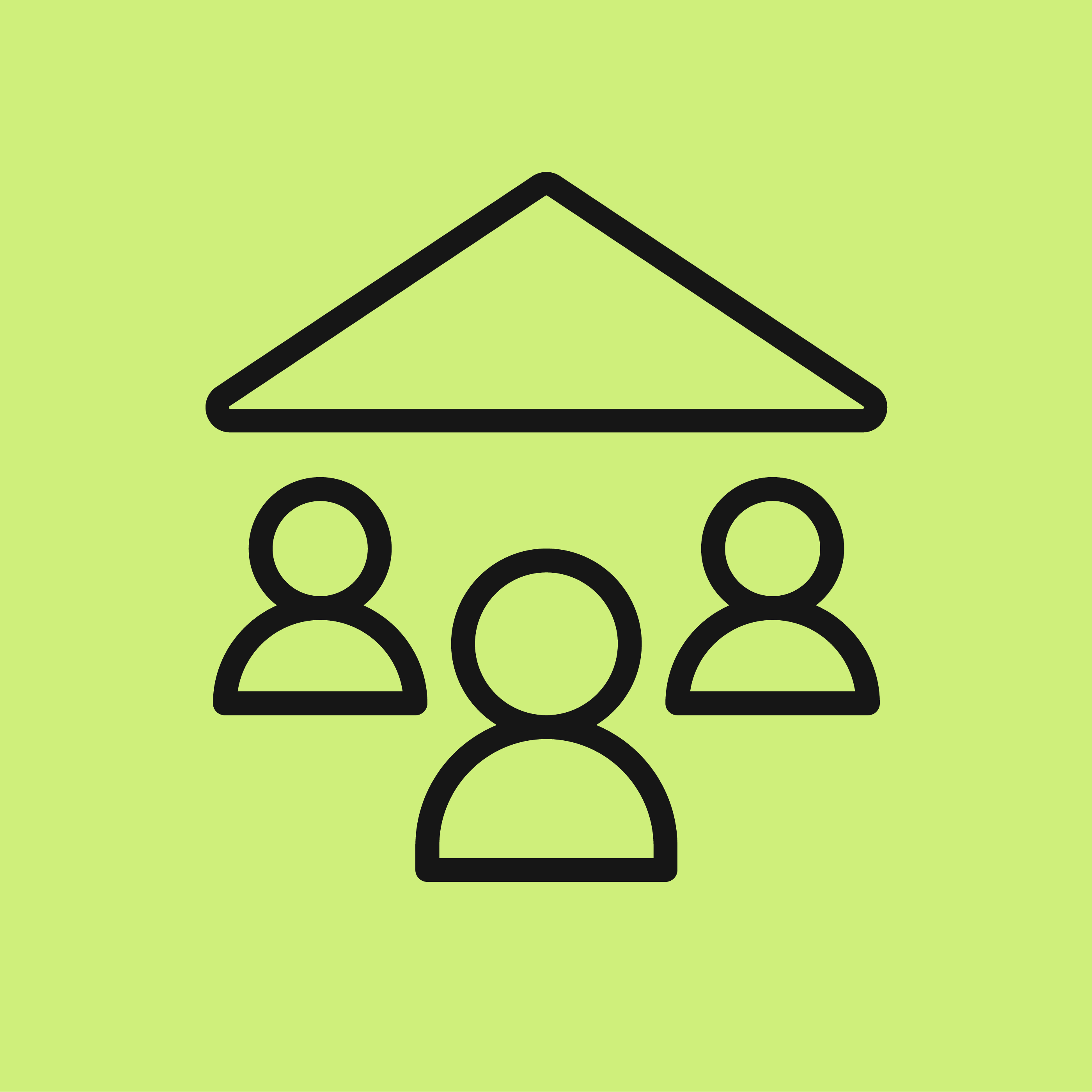 Simple black line icons of three people under a roof shape on a light green background.