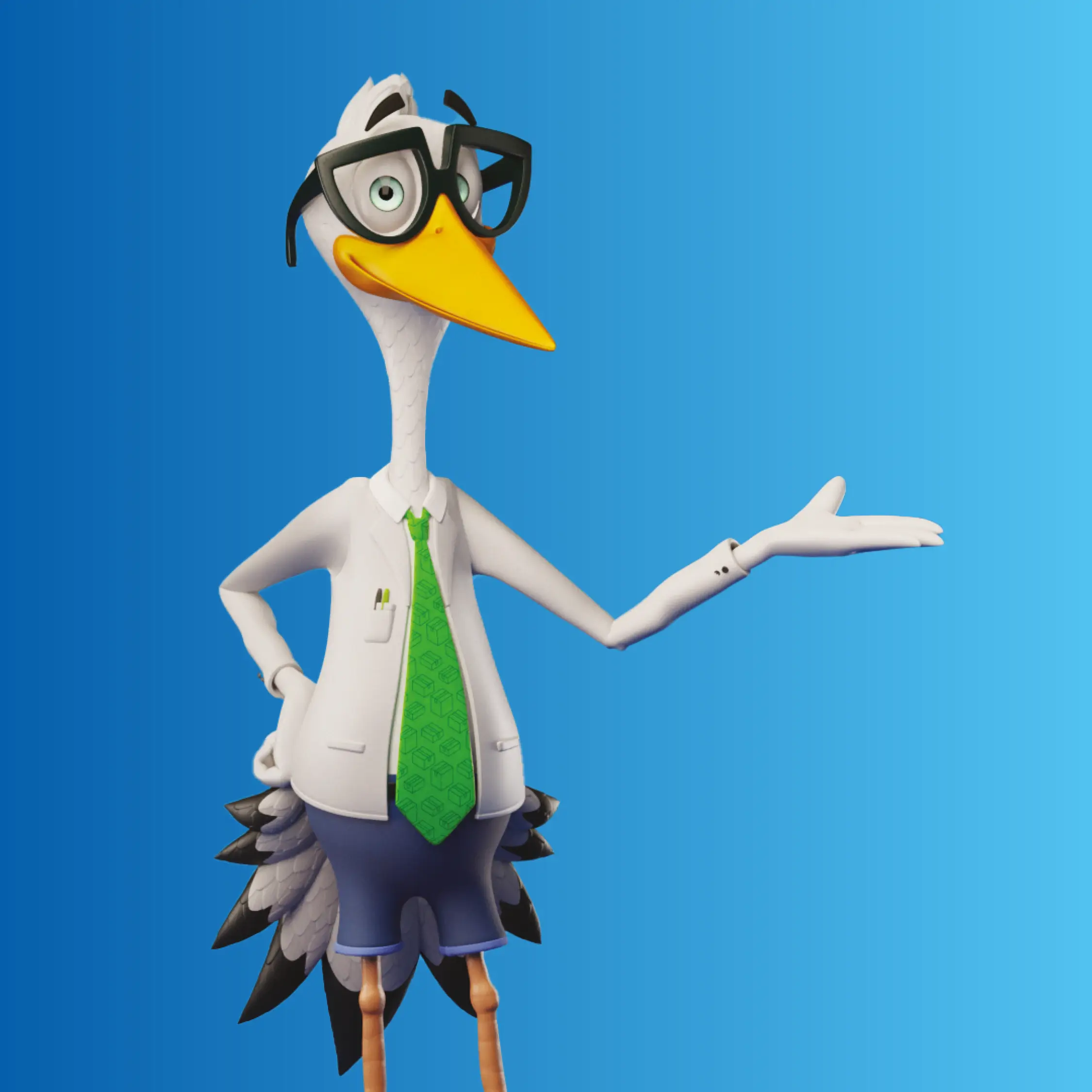Animated white bird character wearing glasses, a white shirt, green tie, and blue shorts against blue background.