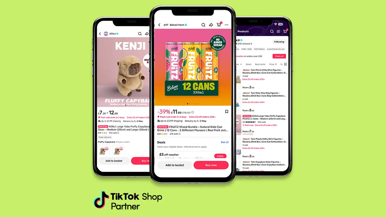 Three smartphones displaying TikTok Shop product pages with items like a fluffy capybara plush toy and a bundle of fruit drinks.