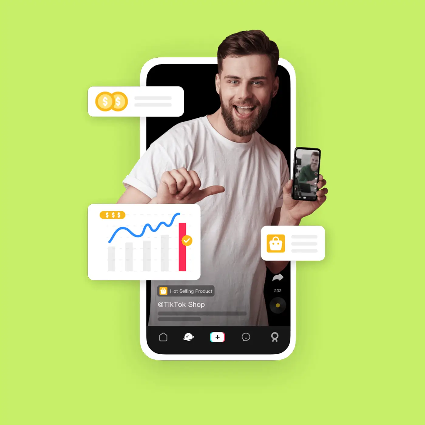 Man in white t-shirt promoting TikTok Shop on phone screen with graphics of sales and money icons.