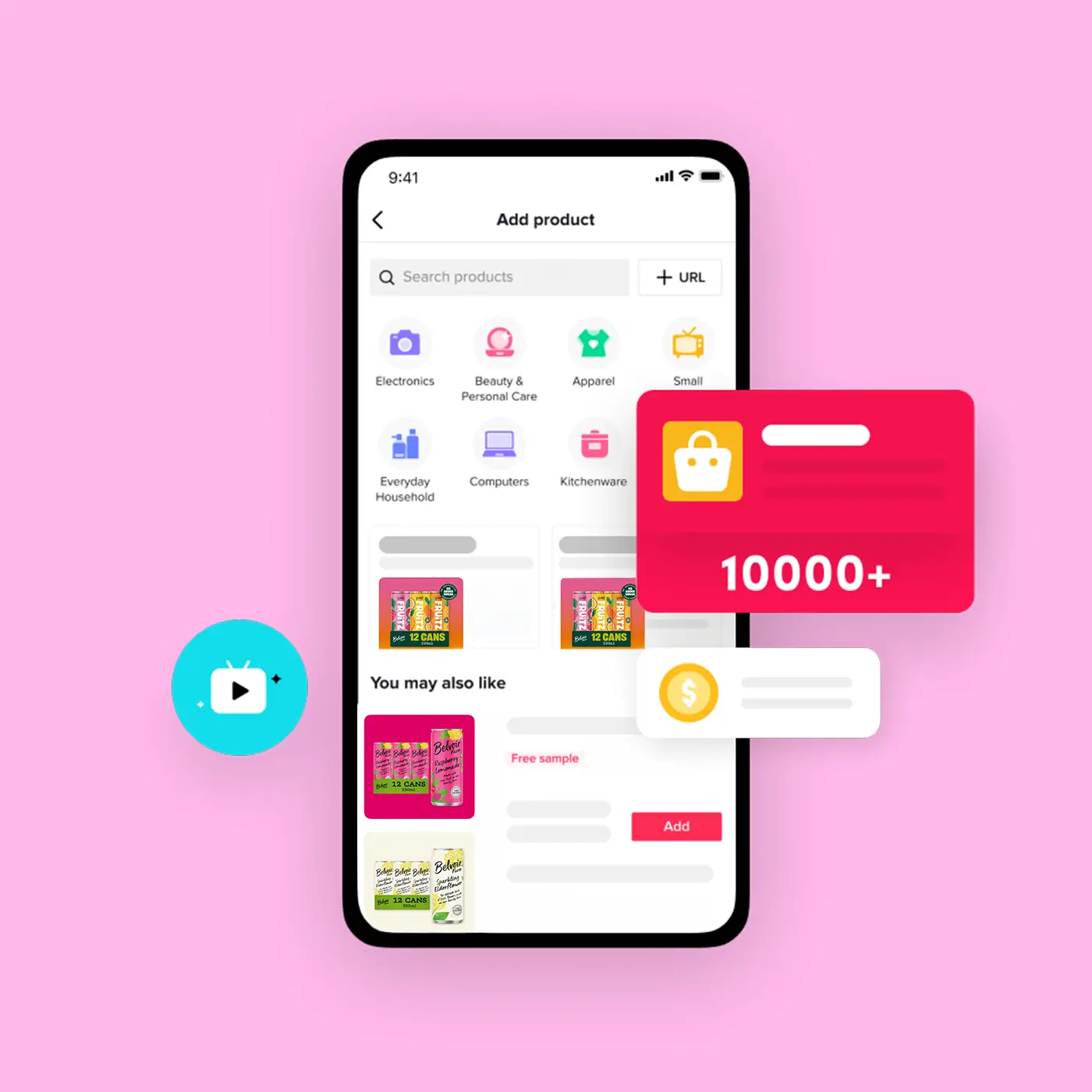 Mobile screen displaying an app interface for adding products with categories like Electronics, Beauty & Personal Care, and Apparel, and icons showing over 10,000 items available.