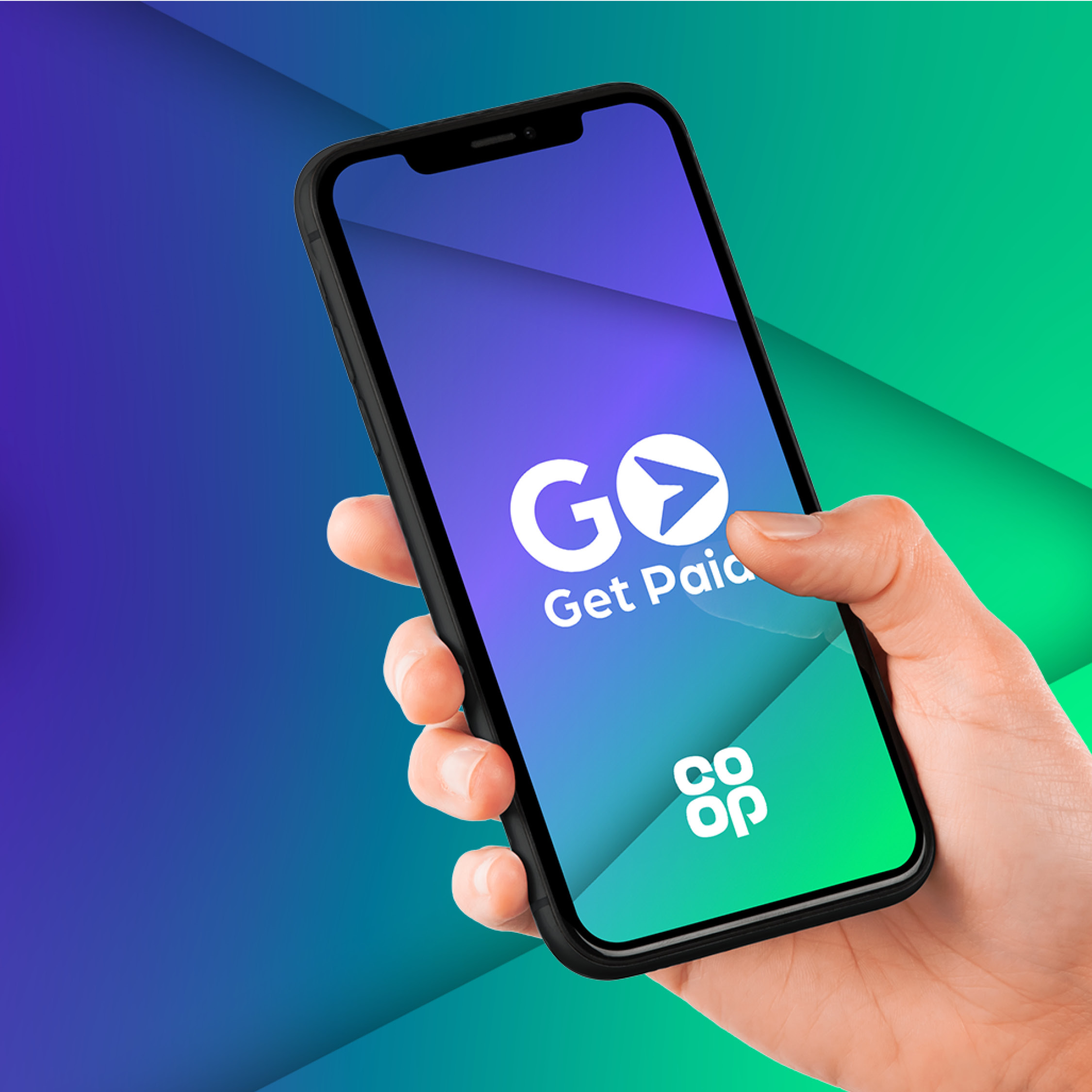 Hand holding smartphone displaying Go Get Paid app logo with Co-op branding on a blue-green background.
