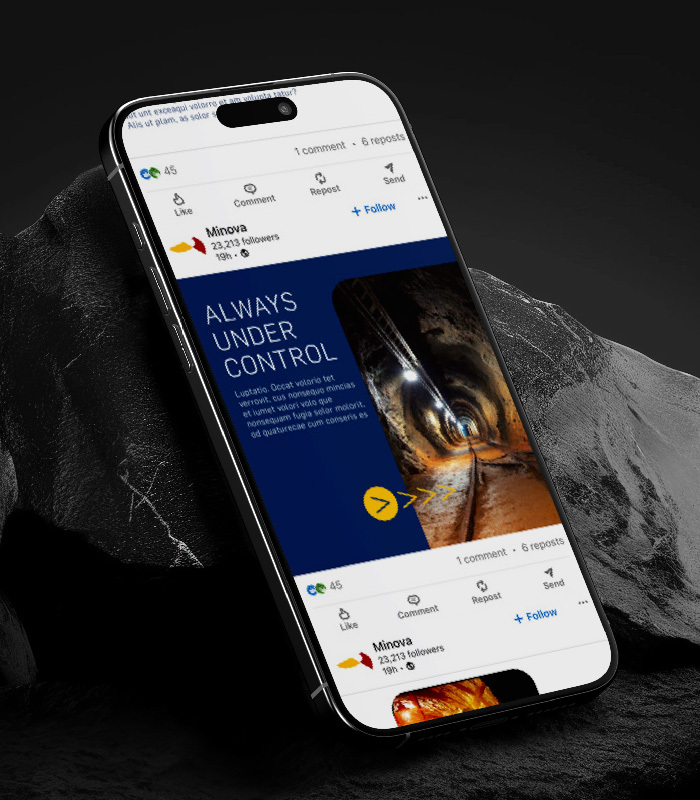 Smartphone displaying a social media post by Minova with a mining tunnel photo and text Always Under Control.