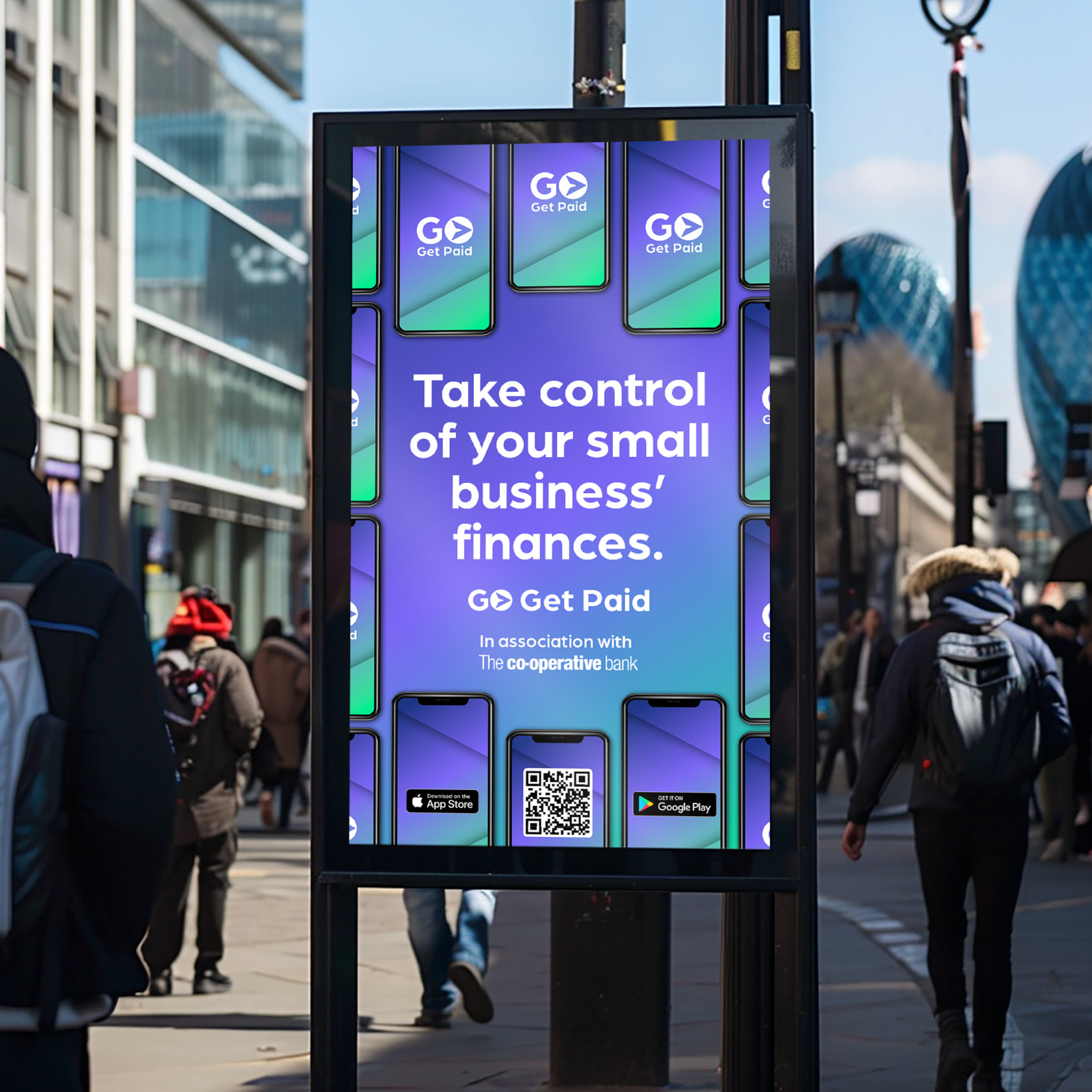 Bus stop ad promoting Go Get Paid app for small business finances with download options and QR code.