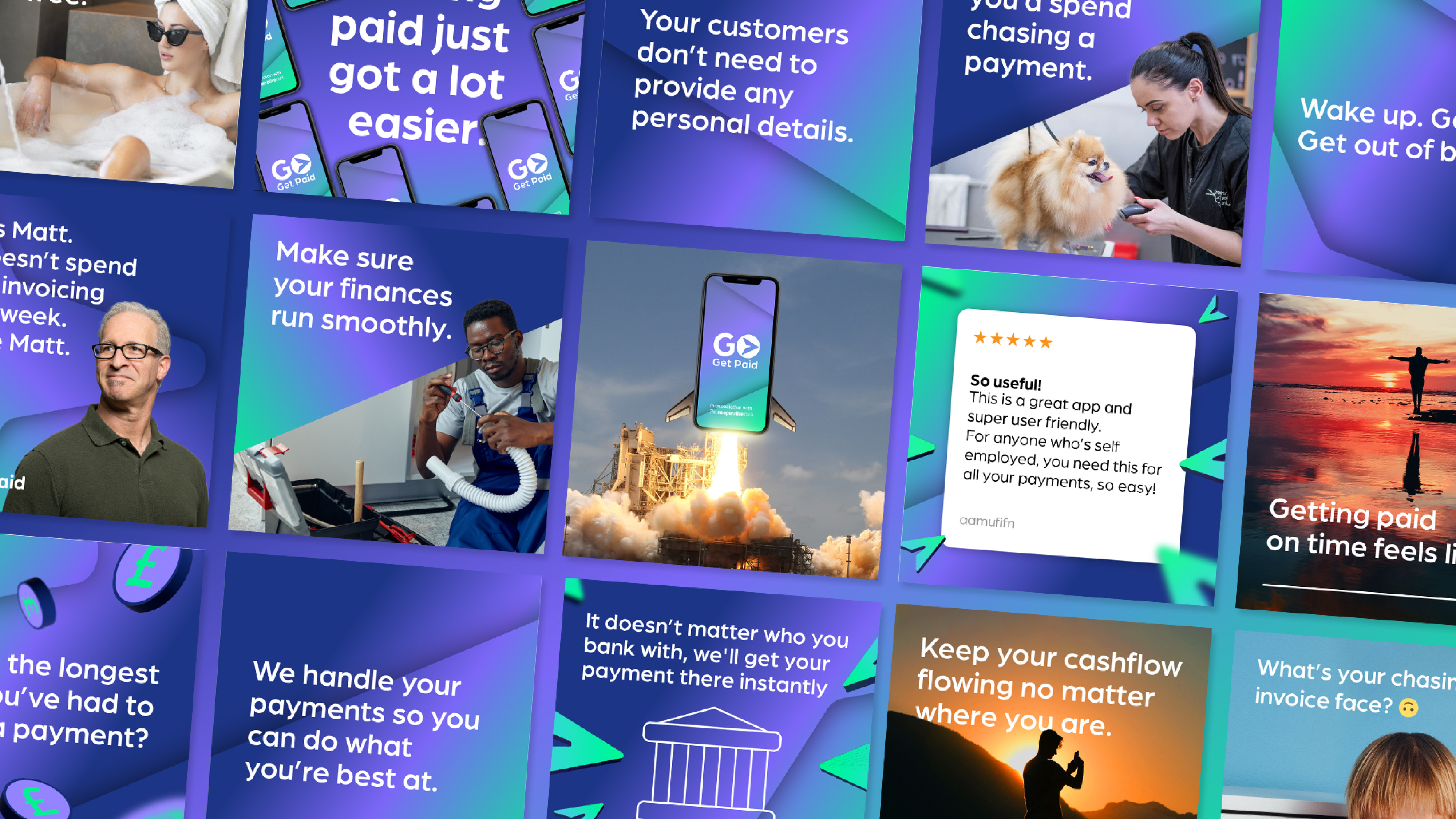 Collage of promotional images for a payment app featuring people, a phone rocket launch, and positive user review.