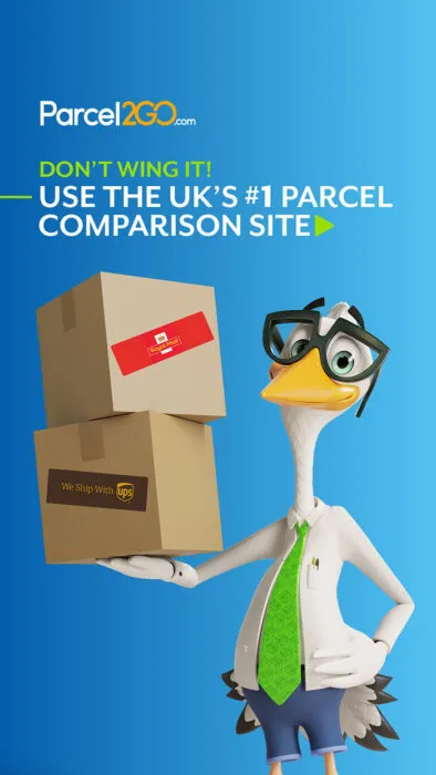 Cartoon bird in glasses and green tie holding two parcel boxes on a blue background with parcel comparison text.