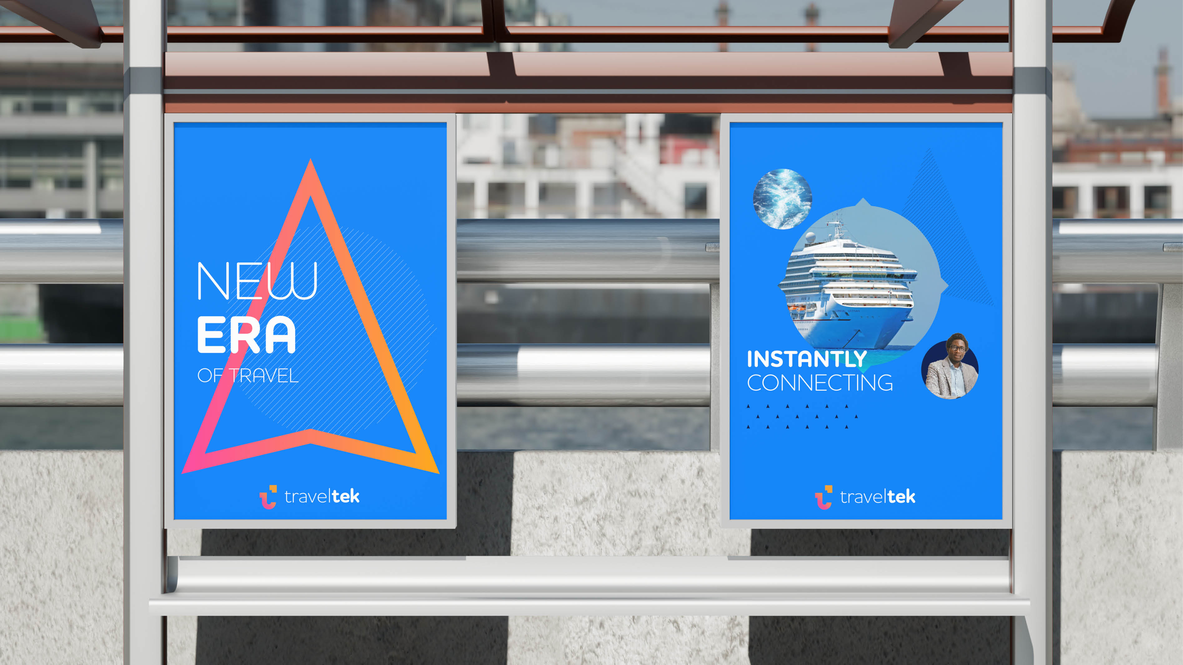 TravelTek posters in a bus station of a triangle logo and a cruise ship