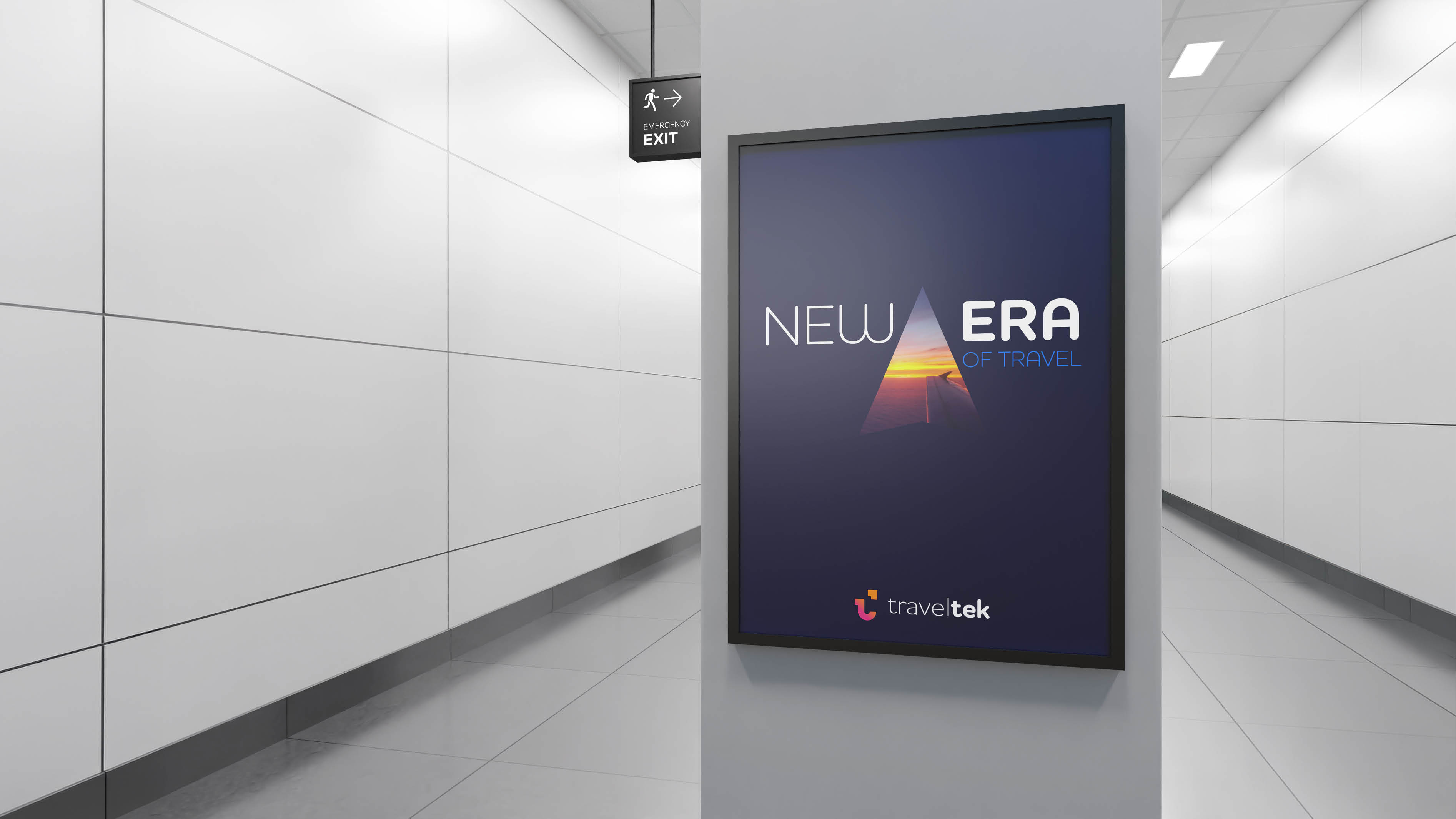 Indoor digital poster displaying 'New Era of Travel' with a sunset view from an airplane window.