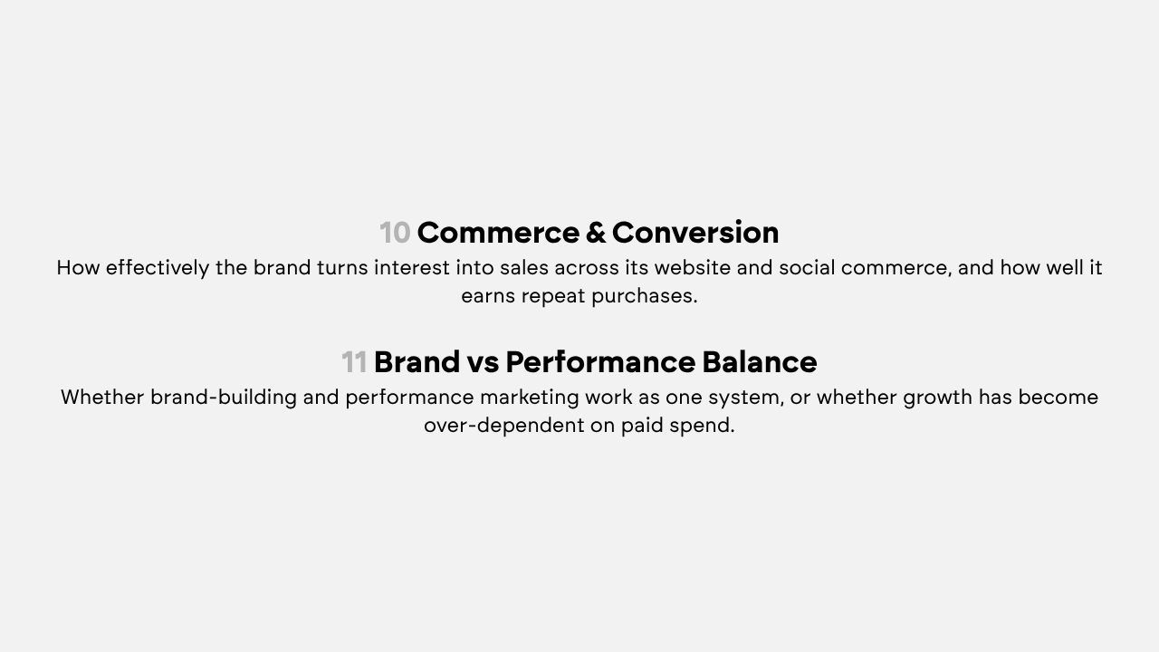 Text about topics commerce and conversion, and brand vs performance balance in marketing.