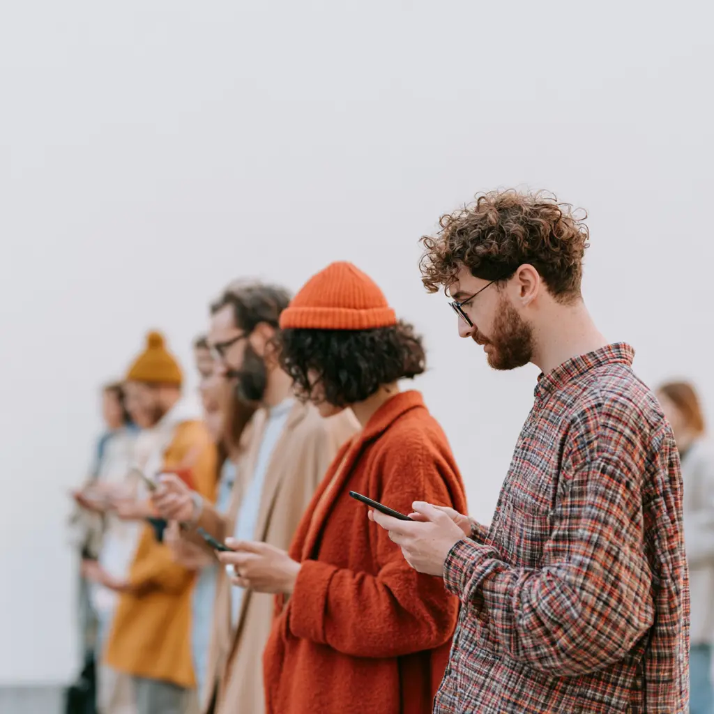 Line of diverse young people standing indoors engaged with their smartphones.