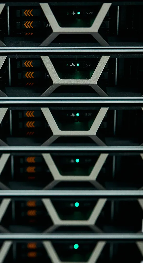 Close-up of stacked servers with status lights in a TeraWulf Lake Mariner data hall.