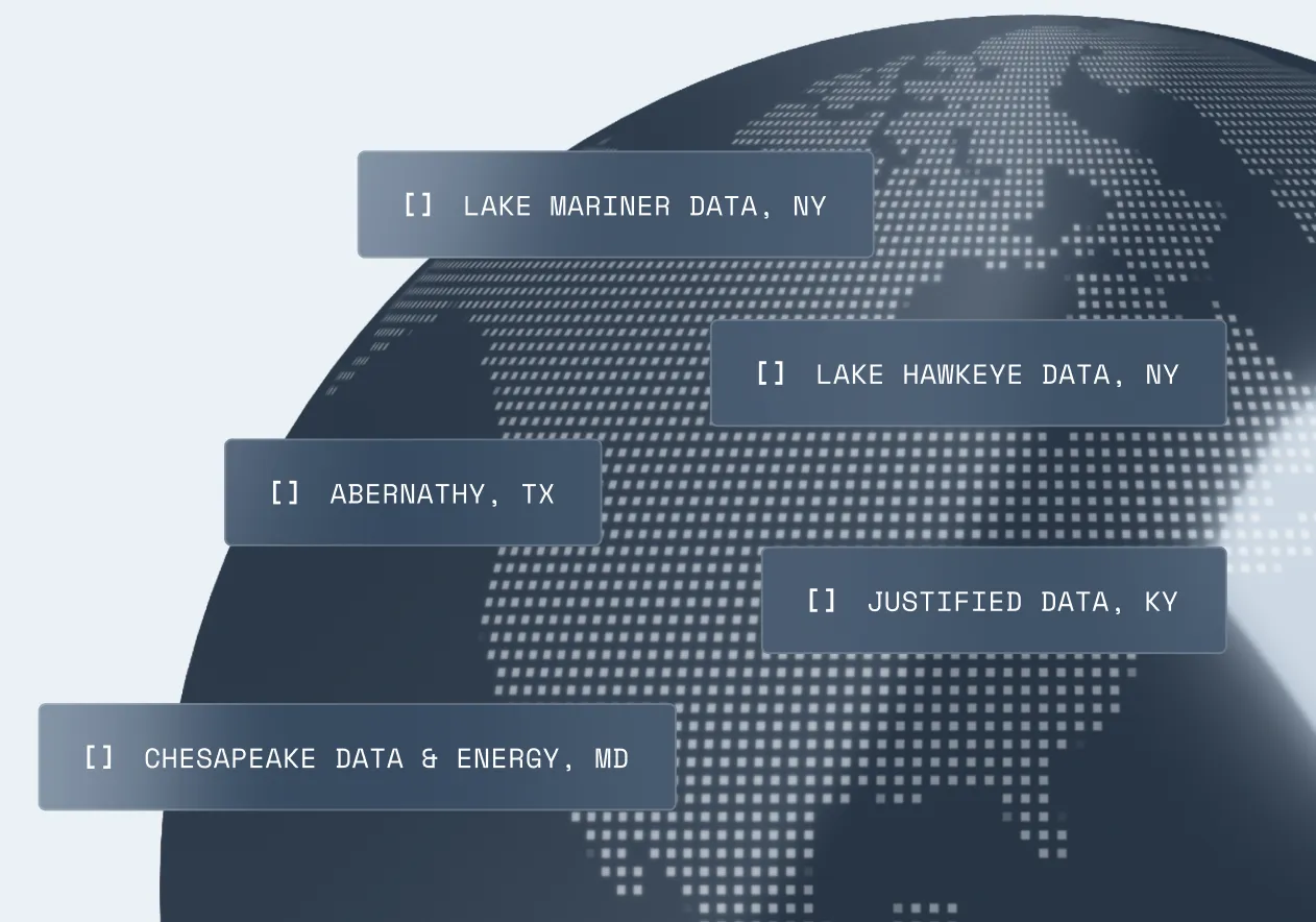Map of TeraWulf data center sites: Lake Mariner NY, Lake Hawkeye NY, Abernathy TX, Justified KY, Chesapeake MD.