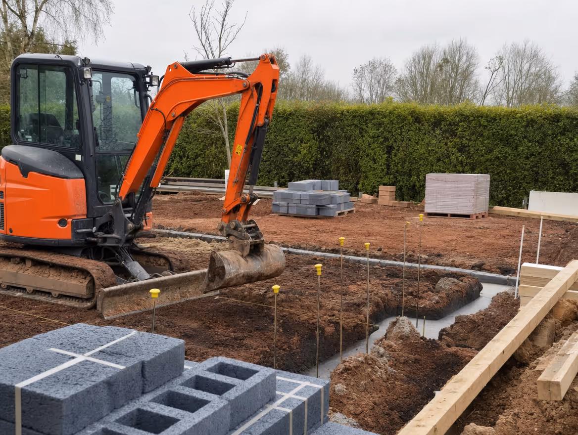 Active construction site with brick and blockwork underway