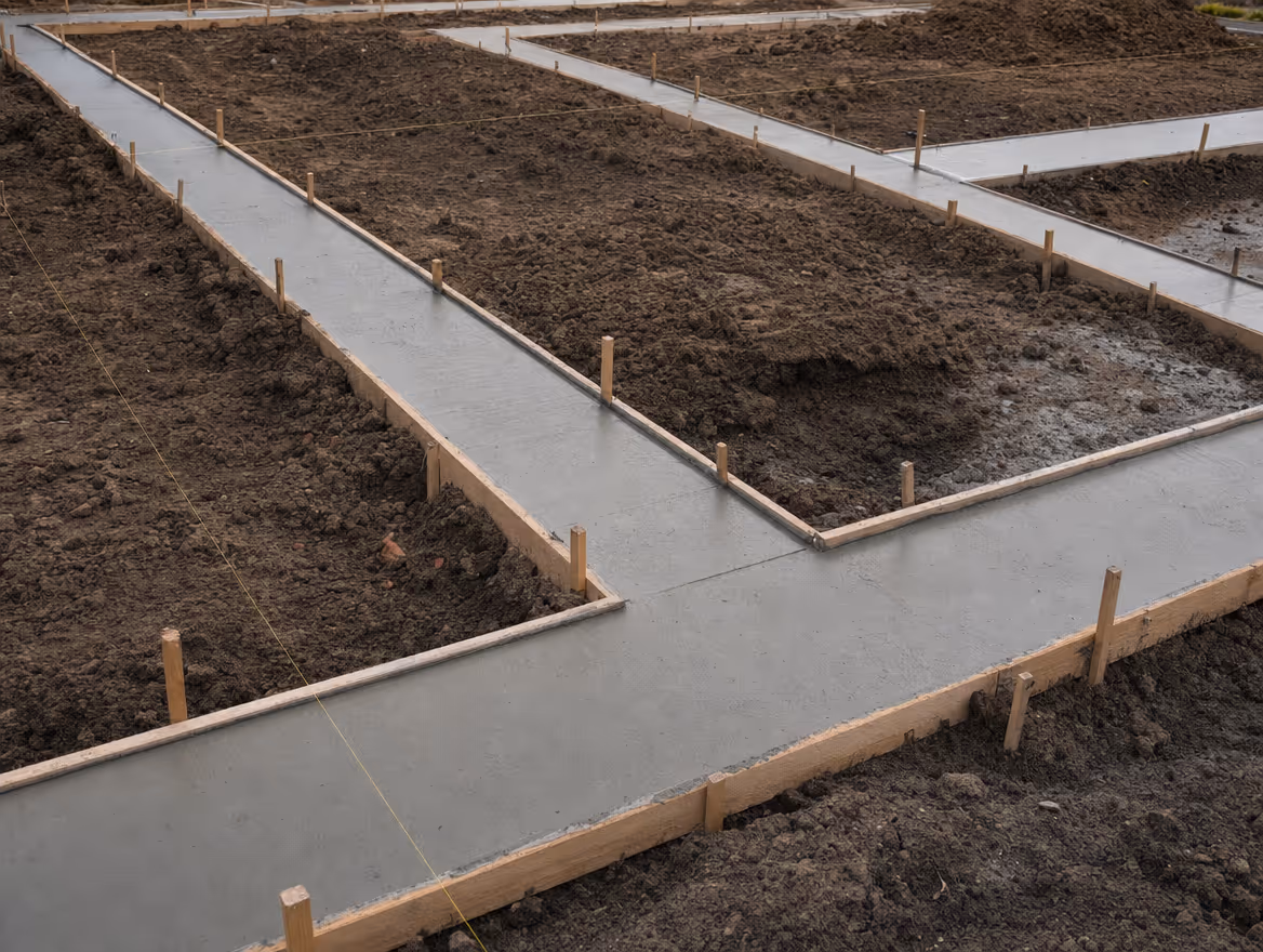 Poured concrete foundations ready for building
