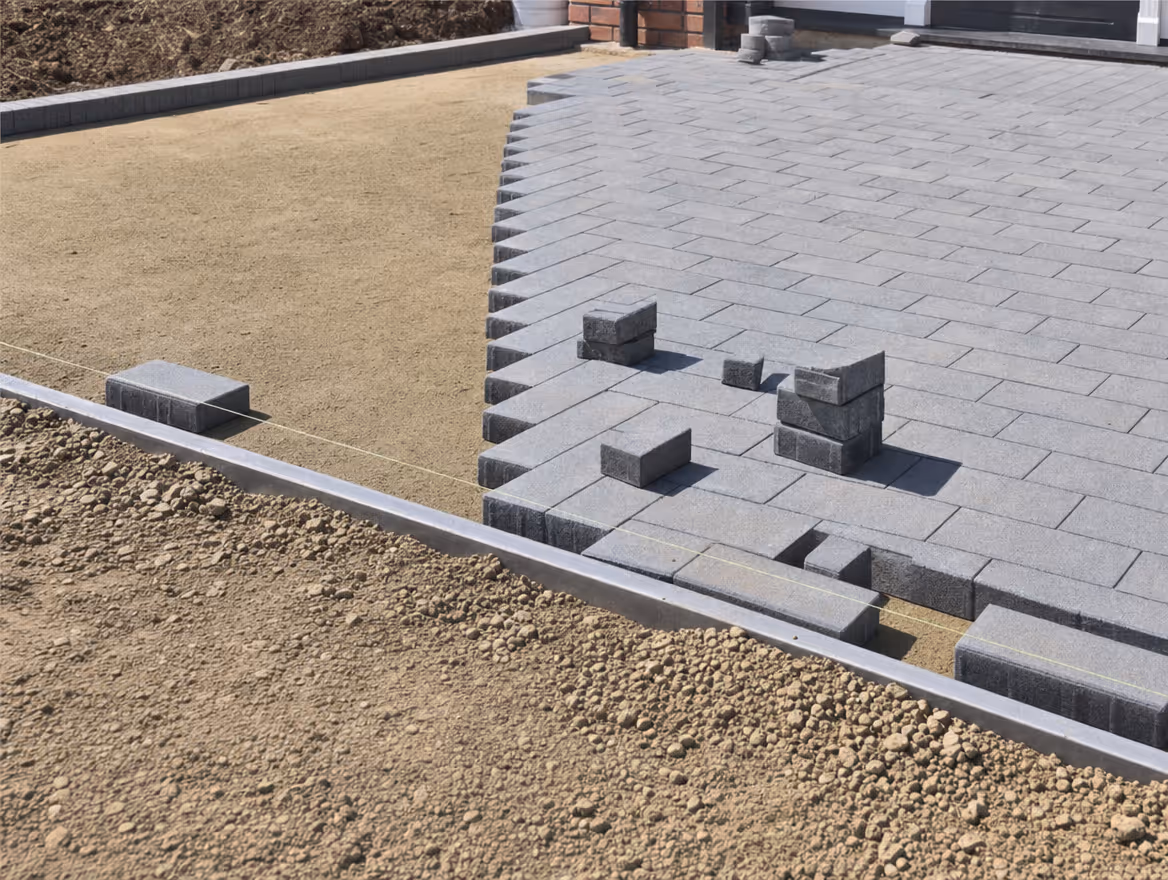 Block paving being laid in a herringbone pattern