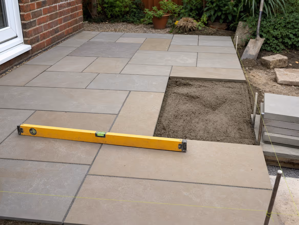 Patio paving slabs being laid on a prepared base