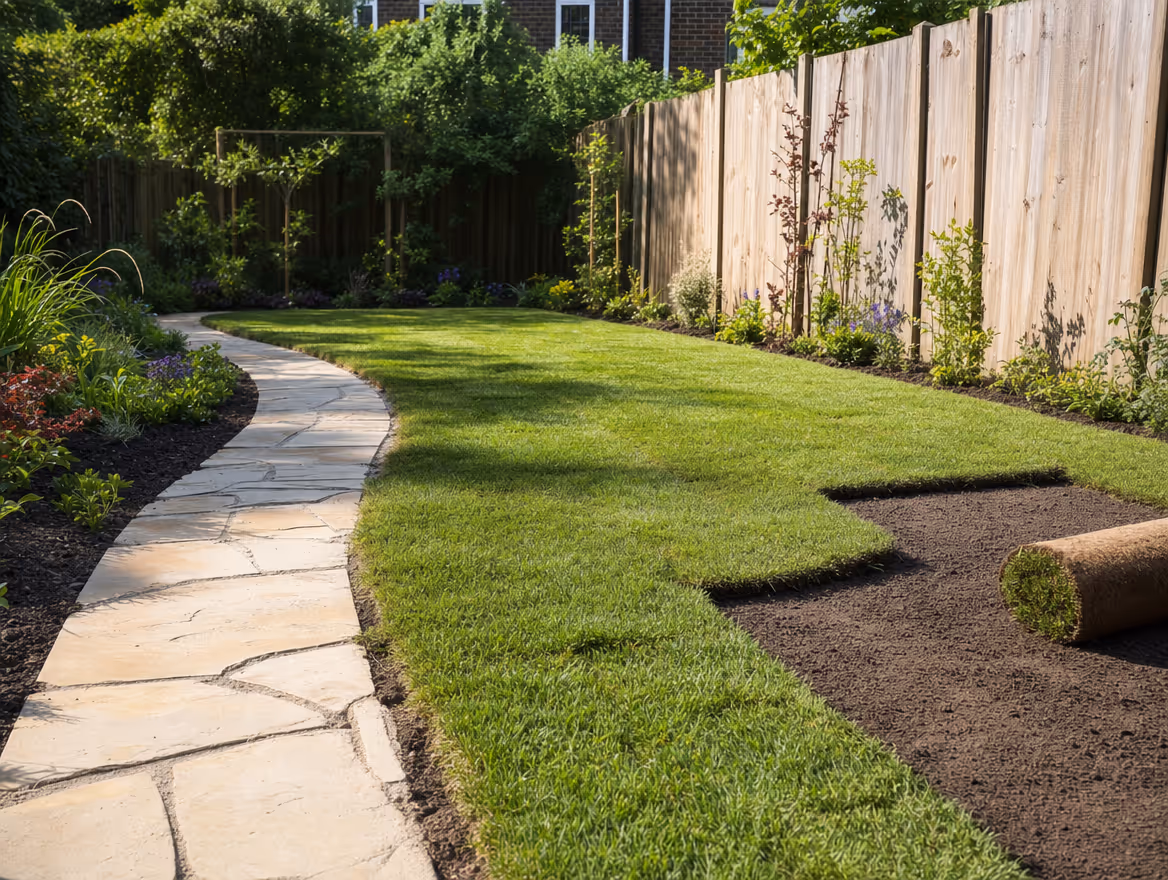 Fresh turf being laid during a garden landscaping project