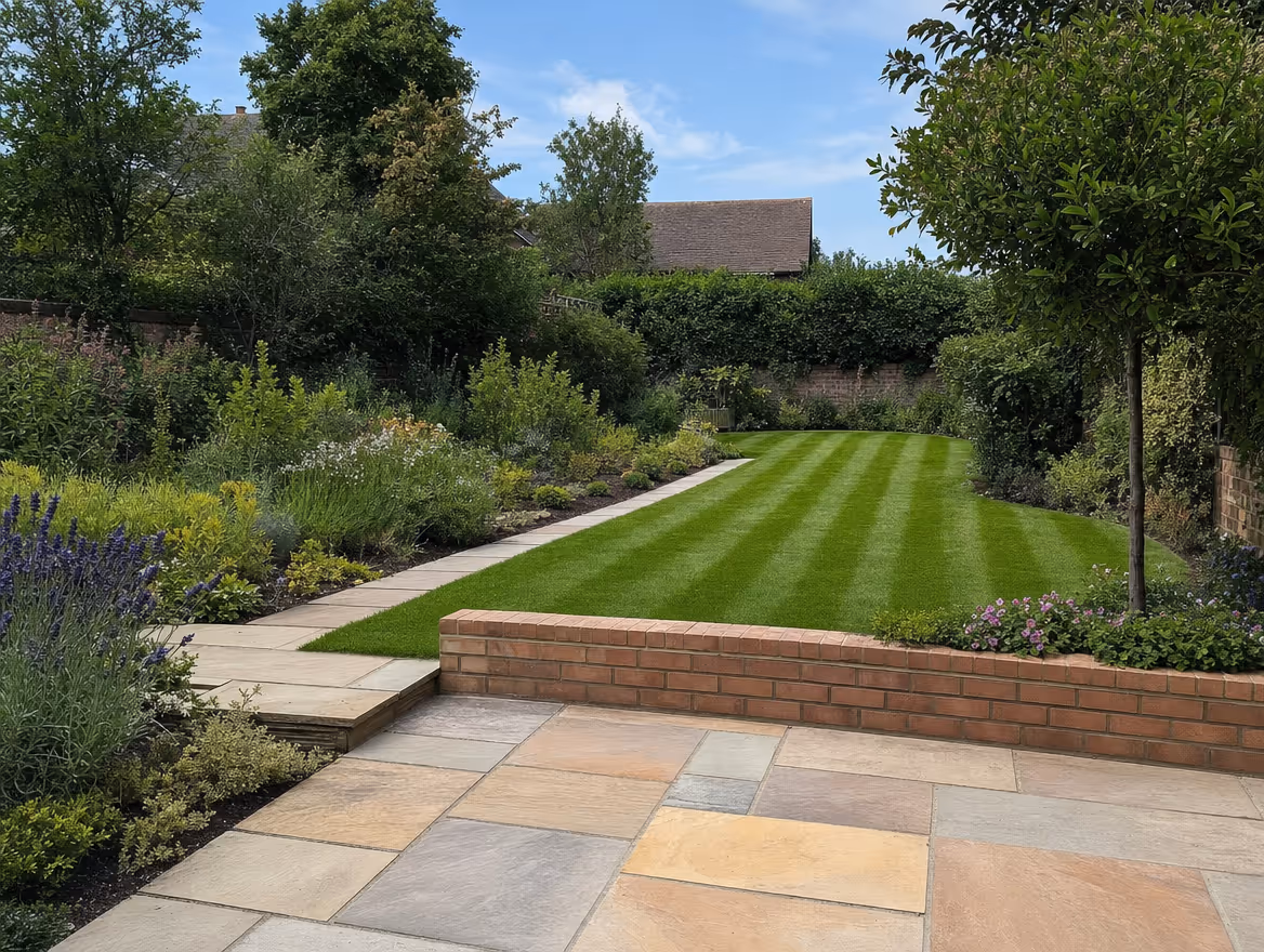 Completed garden landscaping with lawn, planted borders and paving