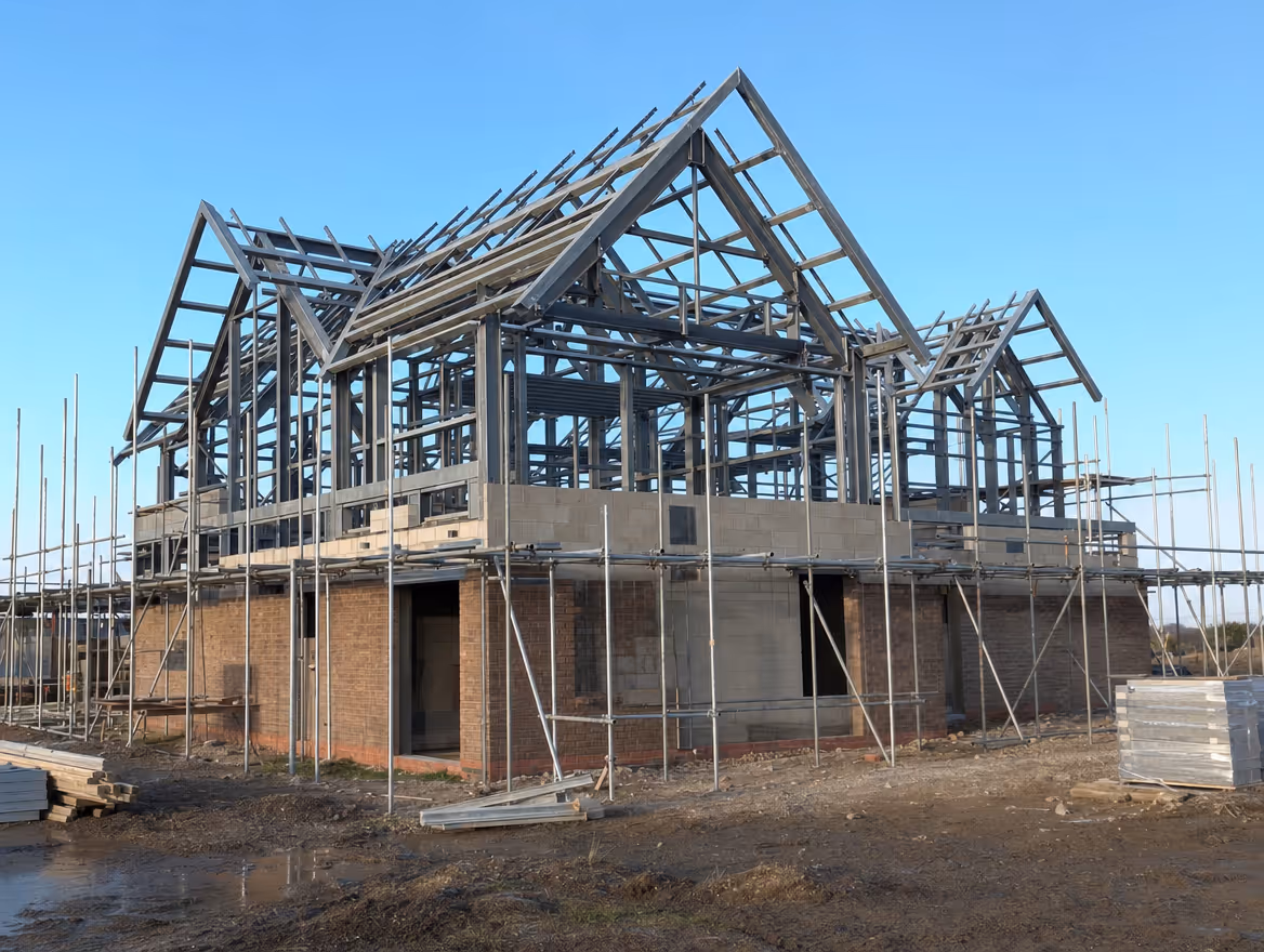 Commercial development under construction showing the structural frame
