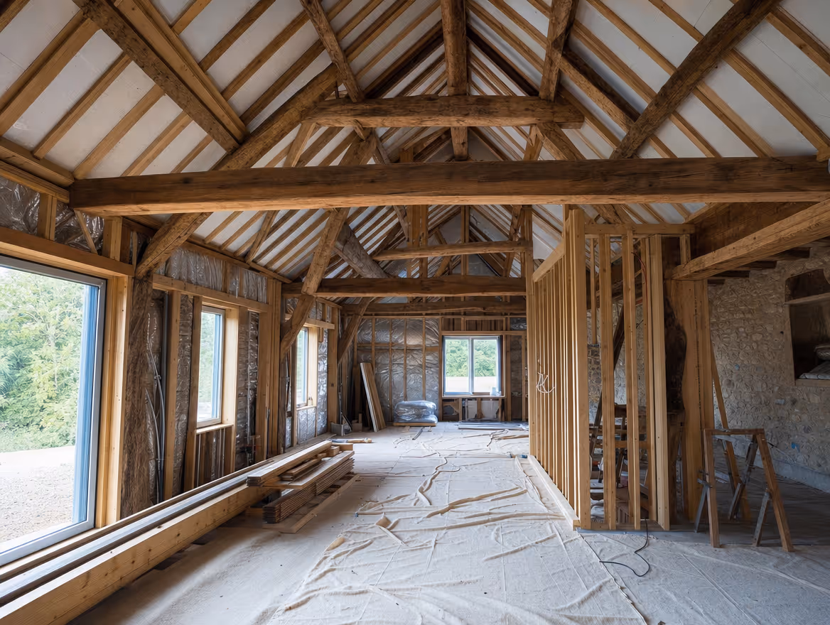 Interior of a completed barn conversion with exposed beams and modern fittings