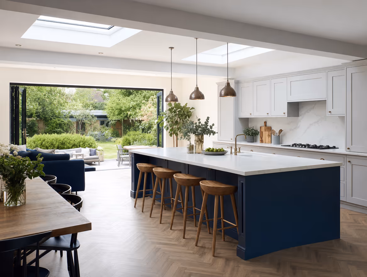 Finished open plan kitchen extension with bi-fold doors by Fowler Construction