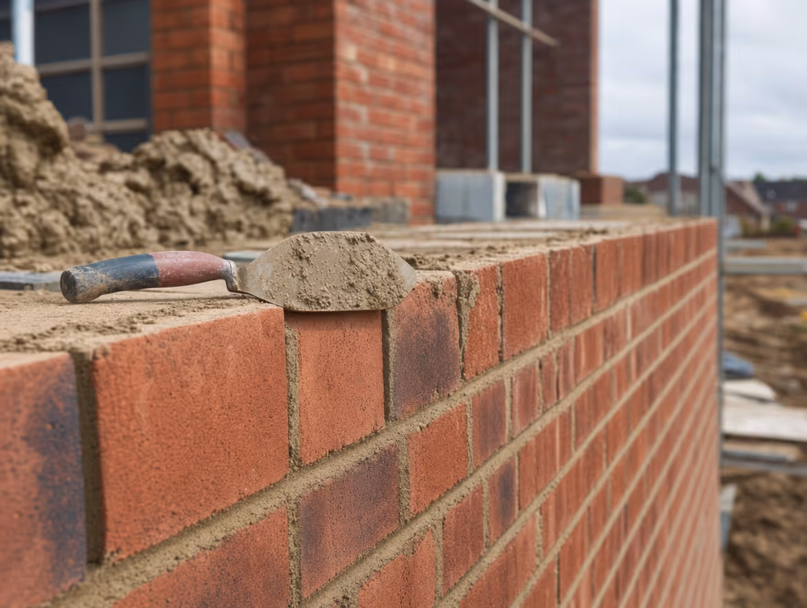 Fresh brickwork being laid on a Fowler Construction build