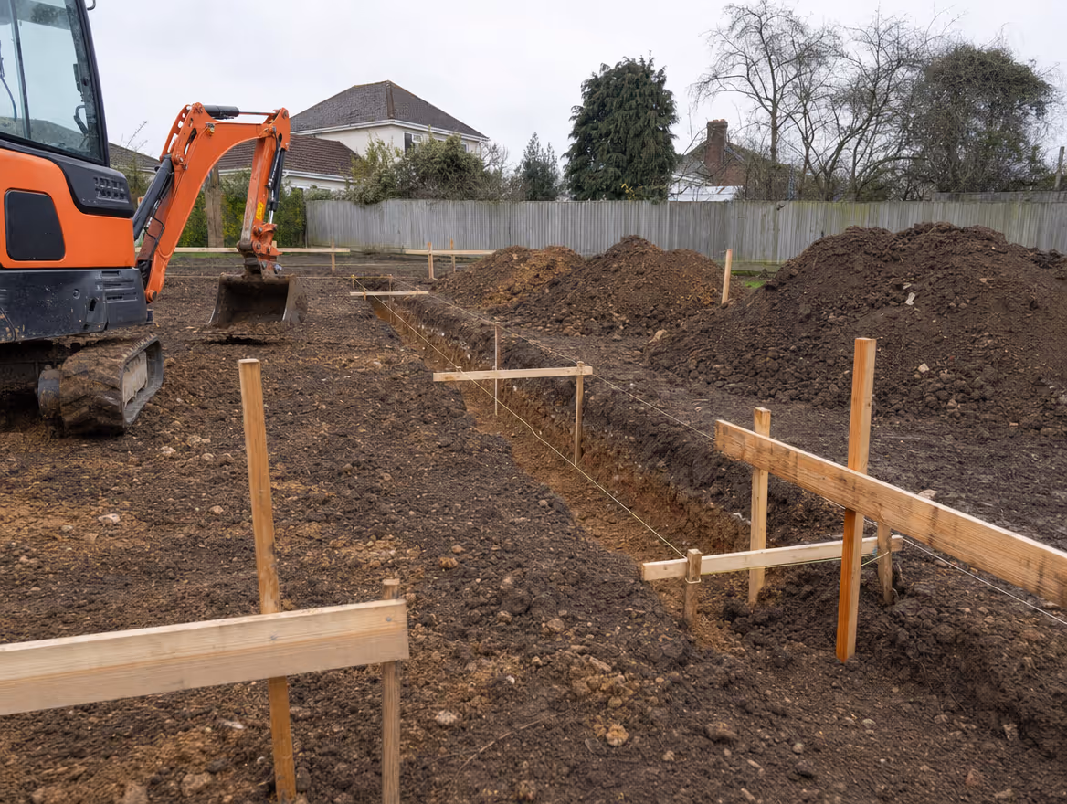 Groundworks in progress with excavator digging foundation trenches and profile boards