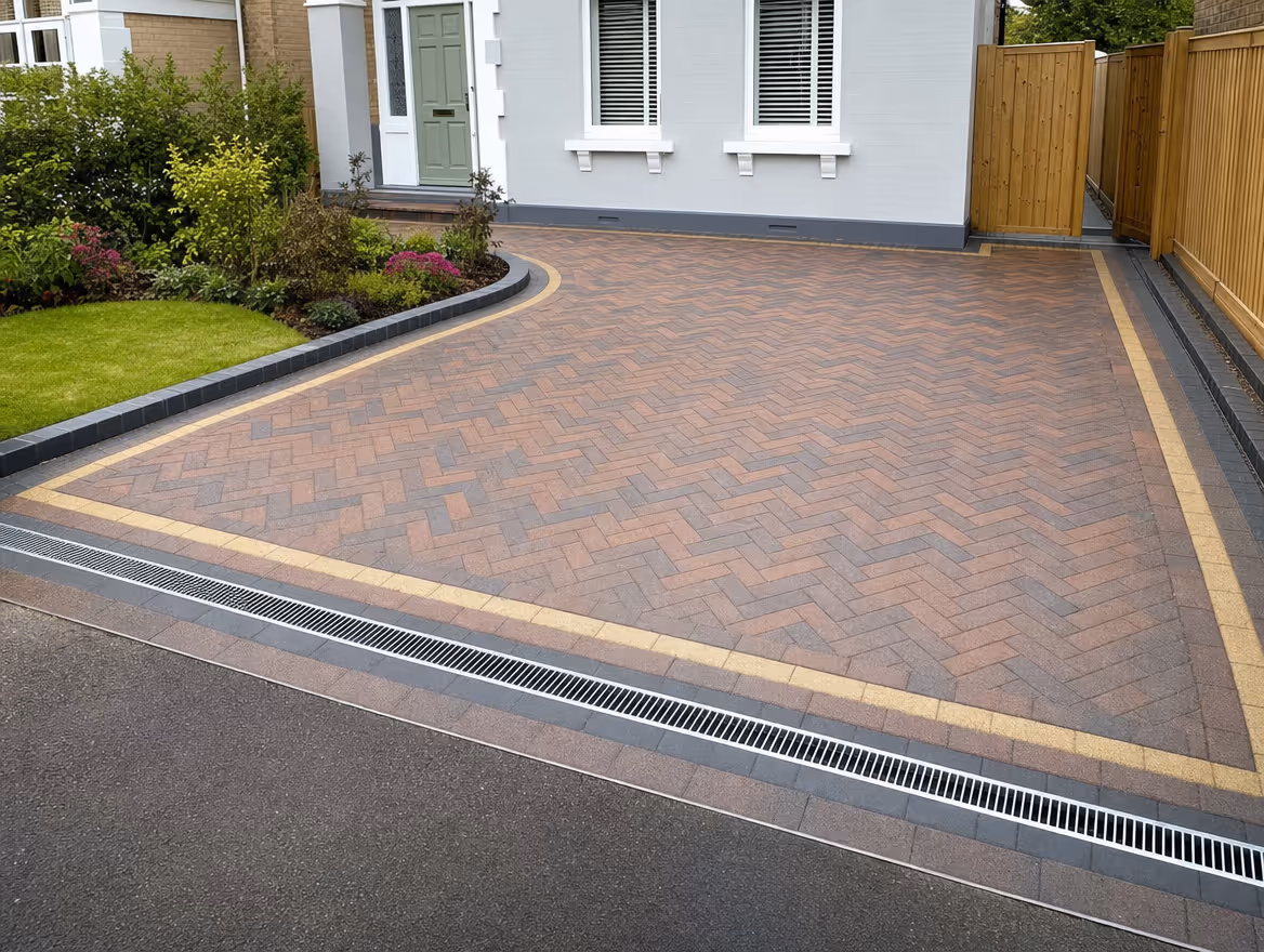 Finished block paving driveway in herringbone pattern with crisp edging