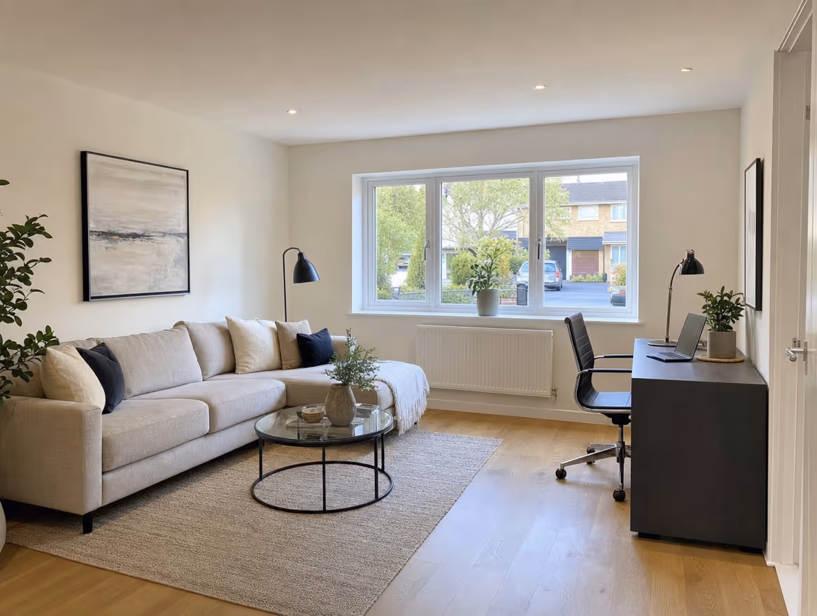 Completed garage conversion into a bright living room with new window