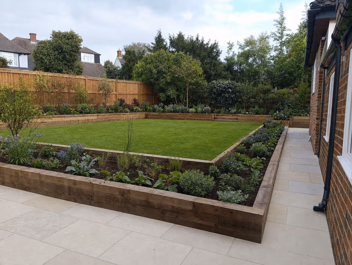 Professionally landscaped garden with new turf, planted borders and paved path