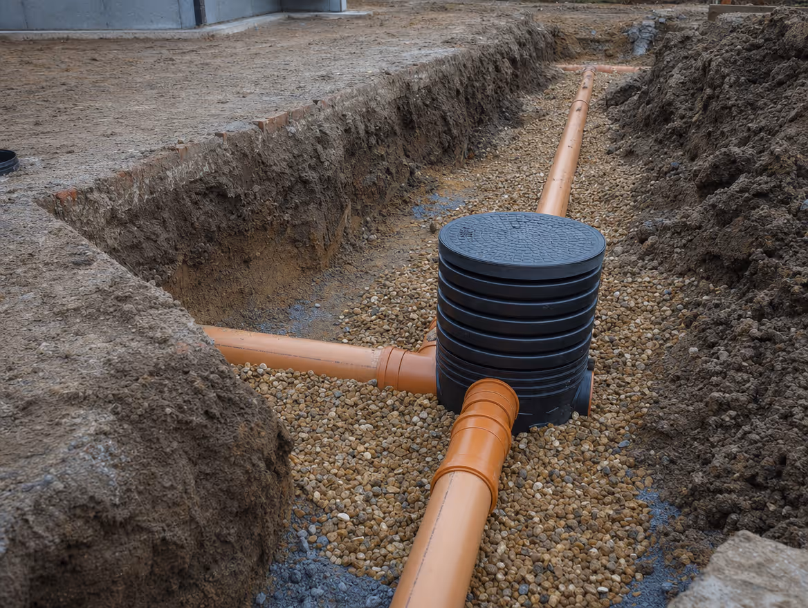 Drainage and soakaway works in progress with new pipes and inspection chamber
