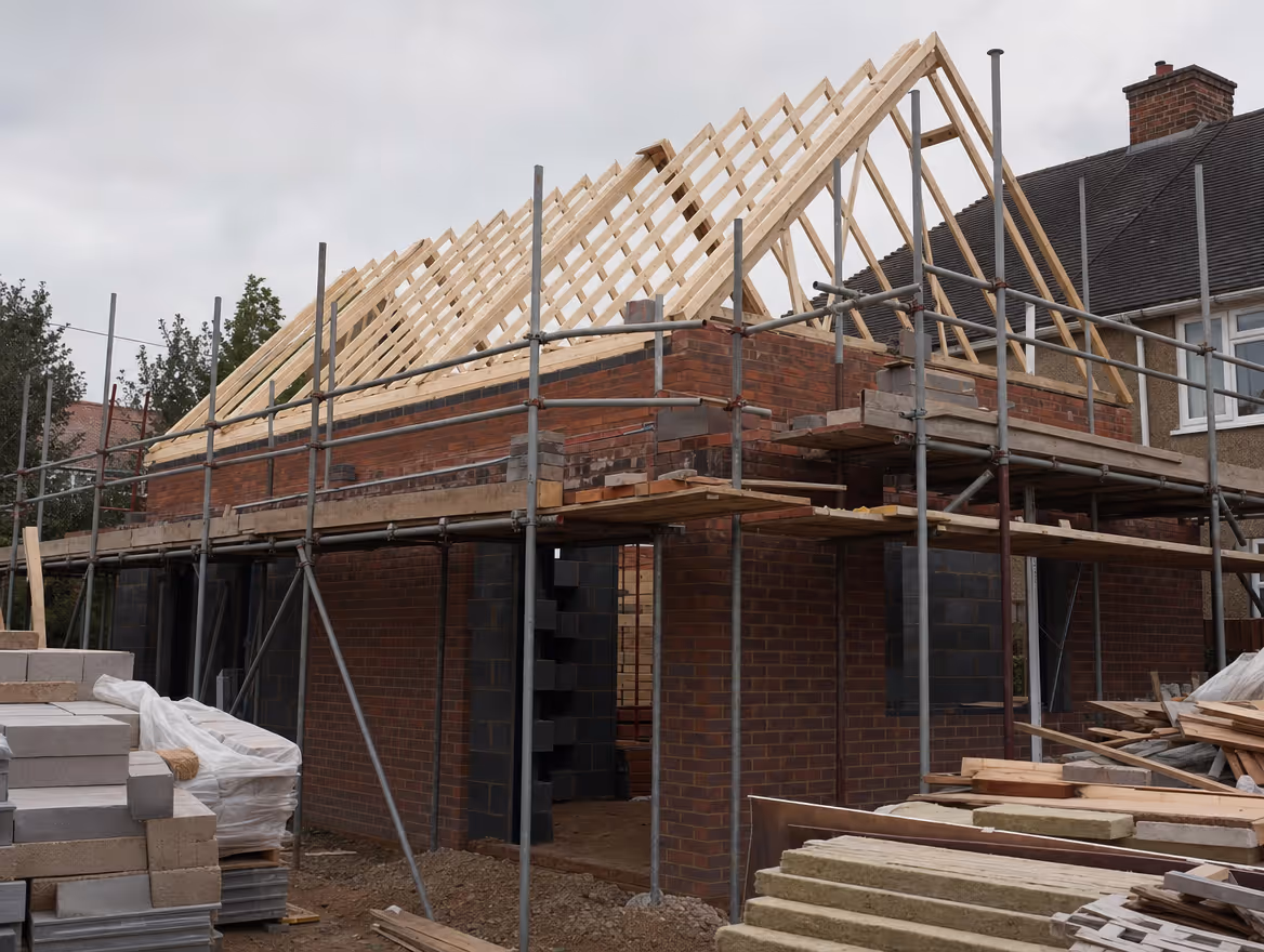 House extension under construction with fresh brickwork, scaffolding and new roof trusses