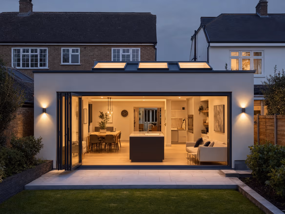 Single-storey rear kitchen extension at dusk with rooflights and bifold doors