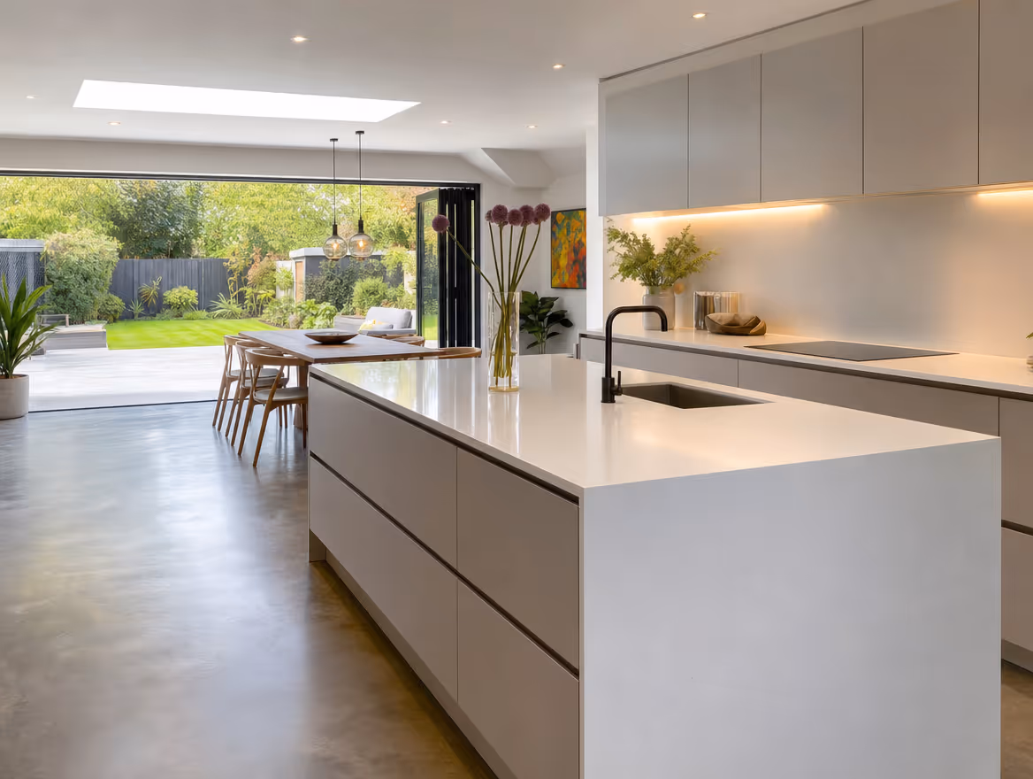 Open-plan kitchen-diner extension with island and bifold doors