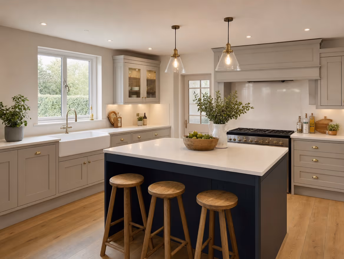 Renovated kitchen with shaker cabinetry and quartz worktops