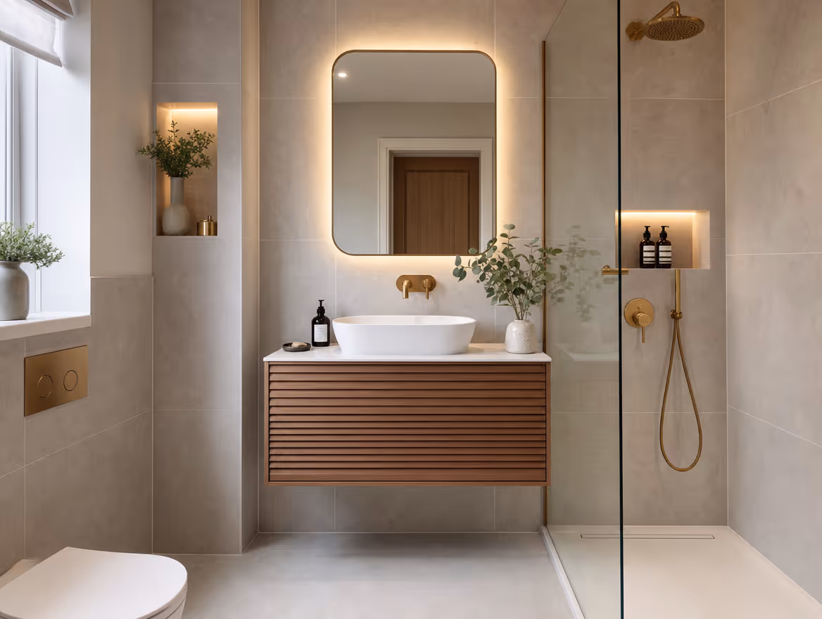 Renovated bathroom with porcelain tiles and walk-in shower
