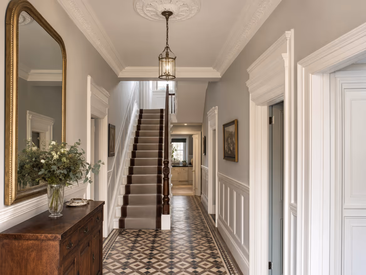Restored period hallway with cornicing and Victorian tiled floor