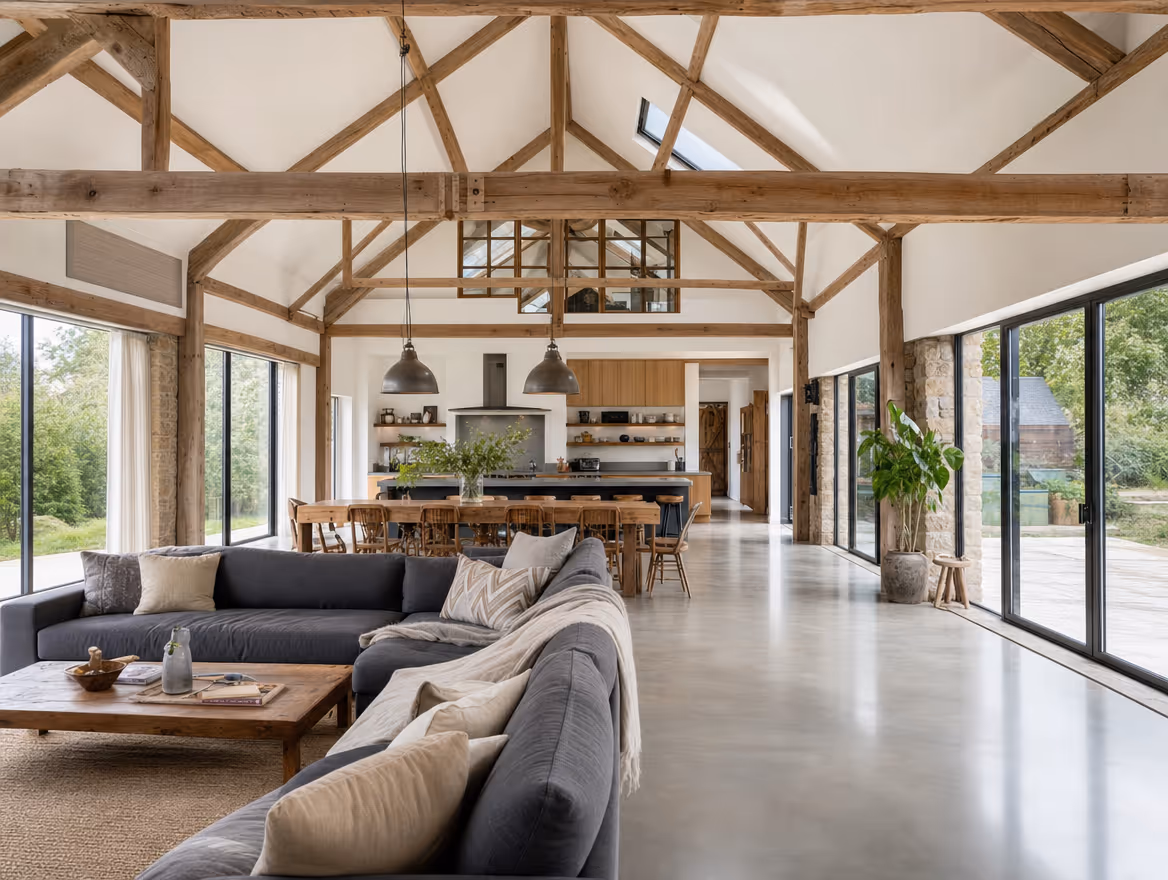 Barn conversion interior with vaulted ceiling and exposed trusses