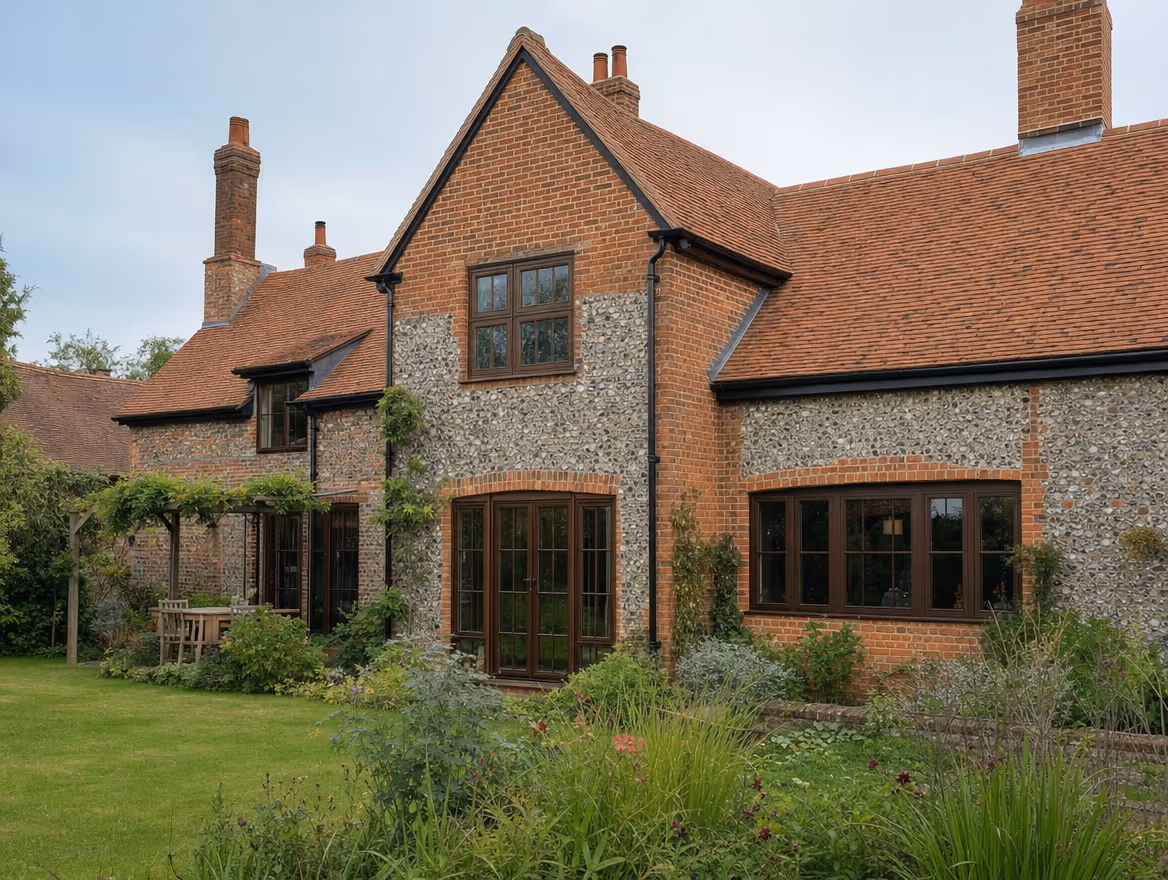 Converted period property exterior in brick and flint