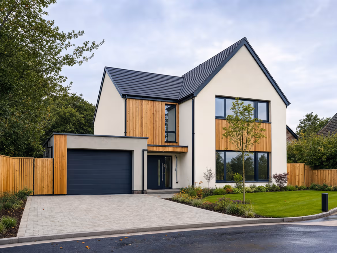 Contemporary new build detached house with render and timber cladding